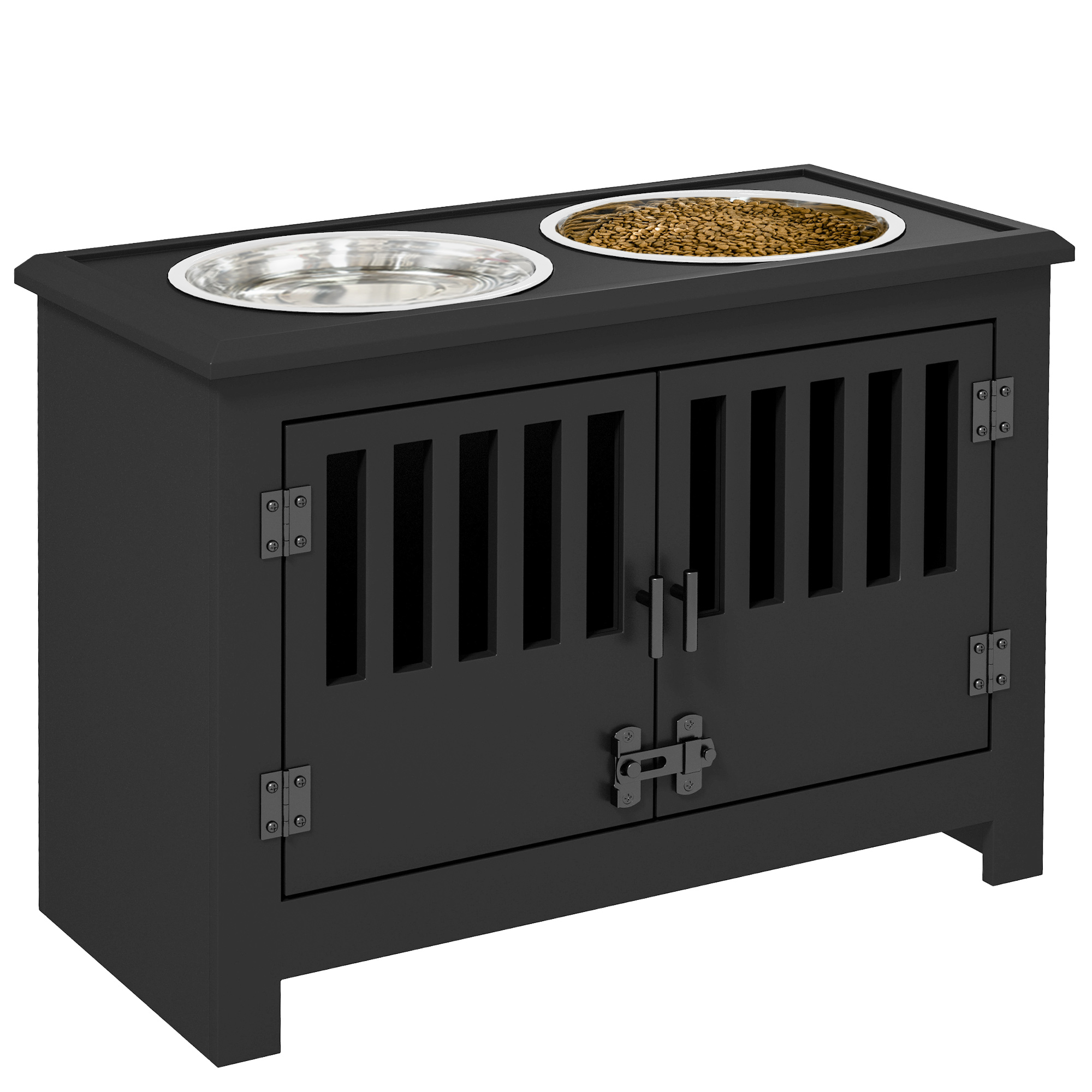 Large Black Dog Bowl Stand with Storage Cabinet