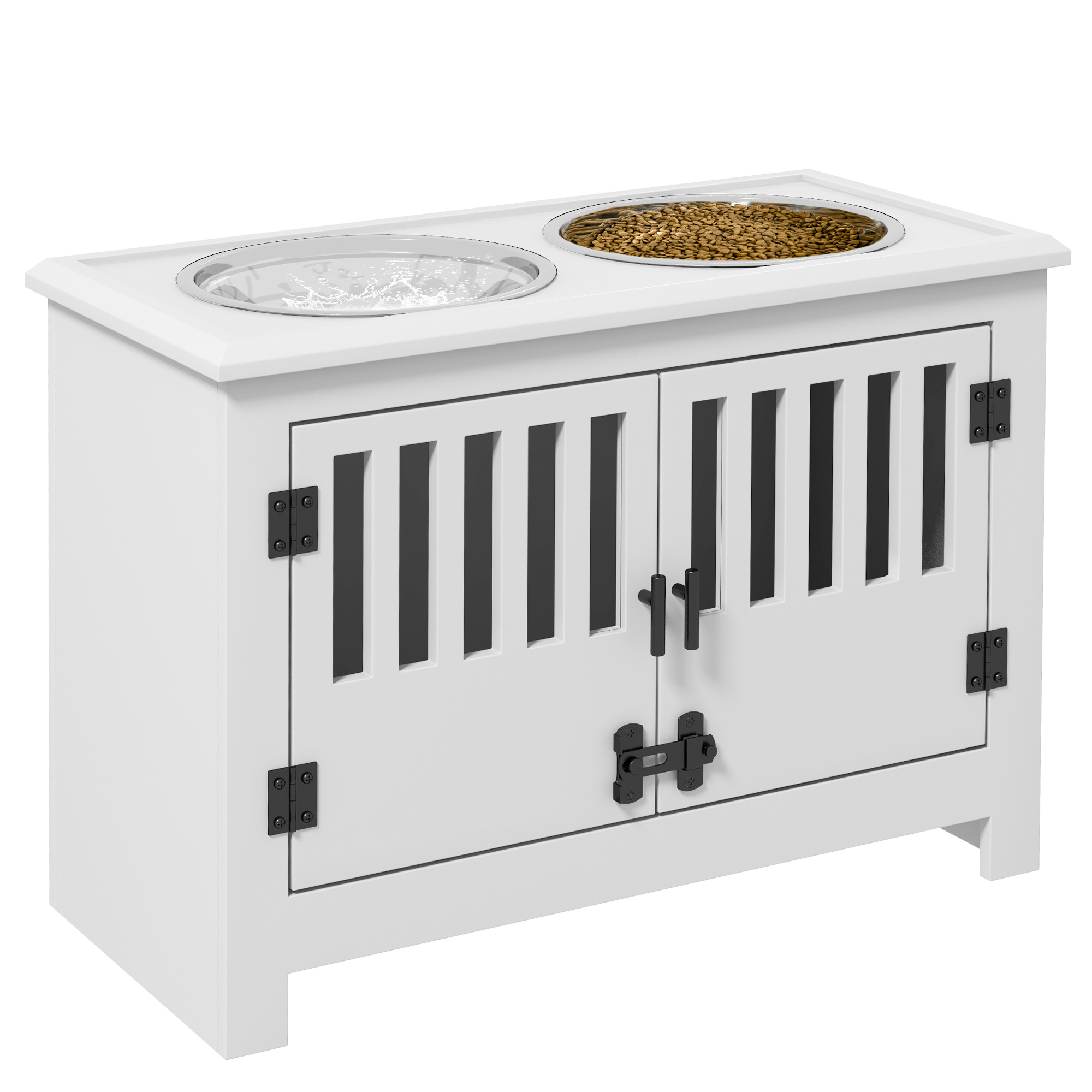 Large White Dog Bowl Stand with Storage Cabinet
