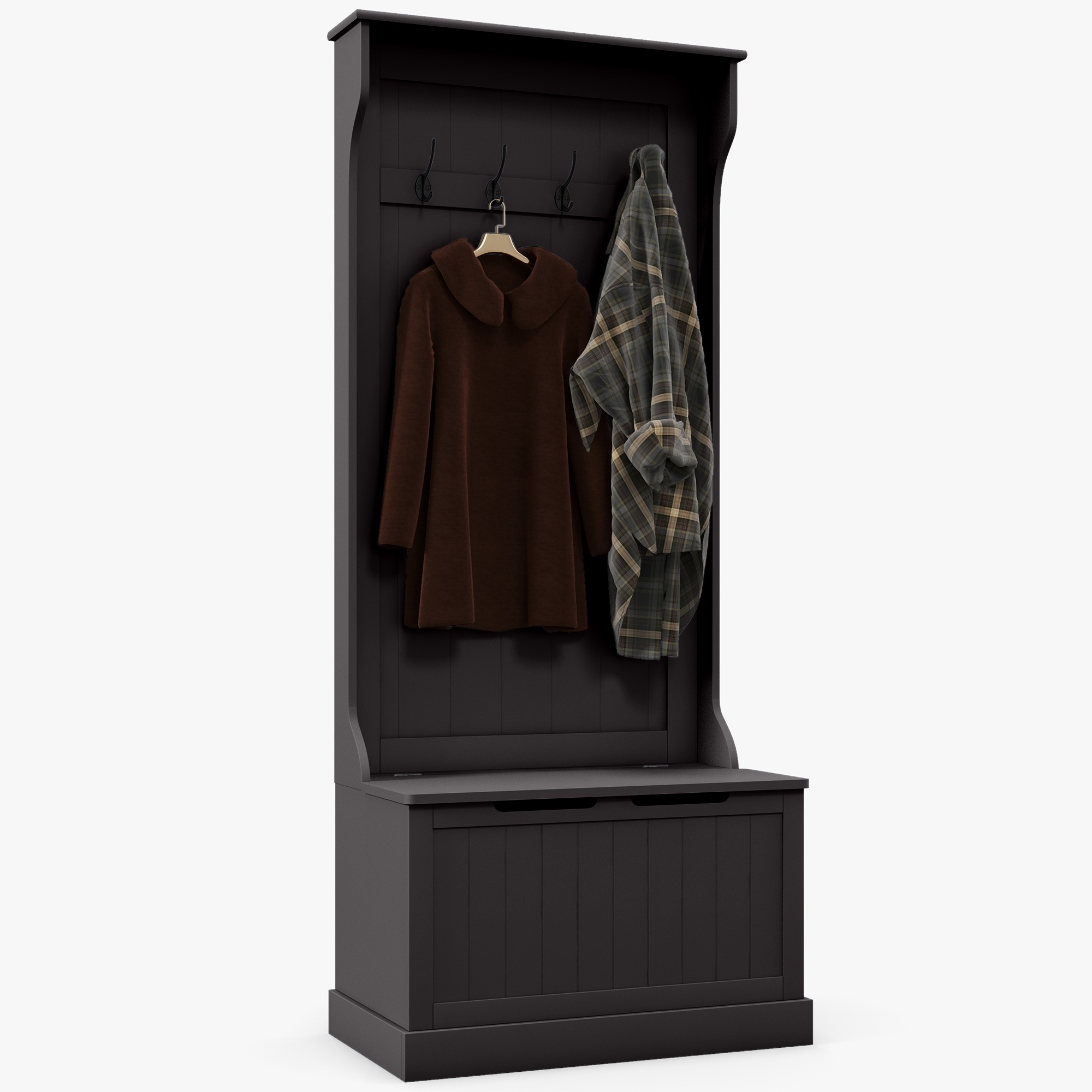 Black MDF Entryway Hall Tree Bench with Hooks