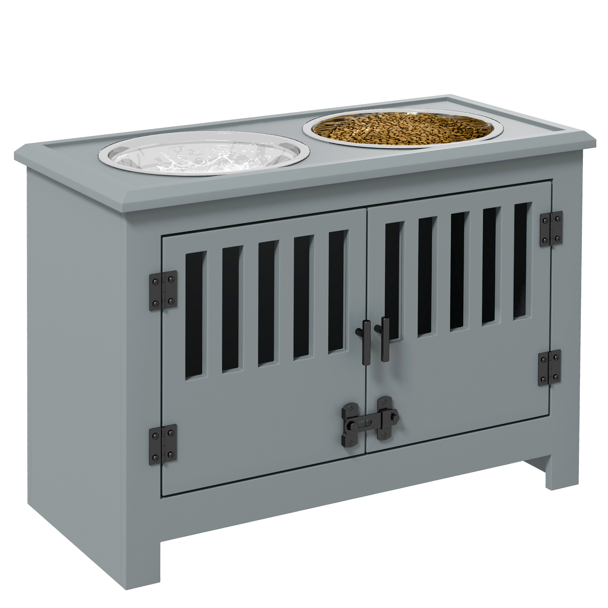 Large Gray Dog Bowl Stand with Storage Cabinet