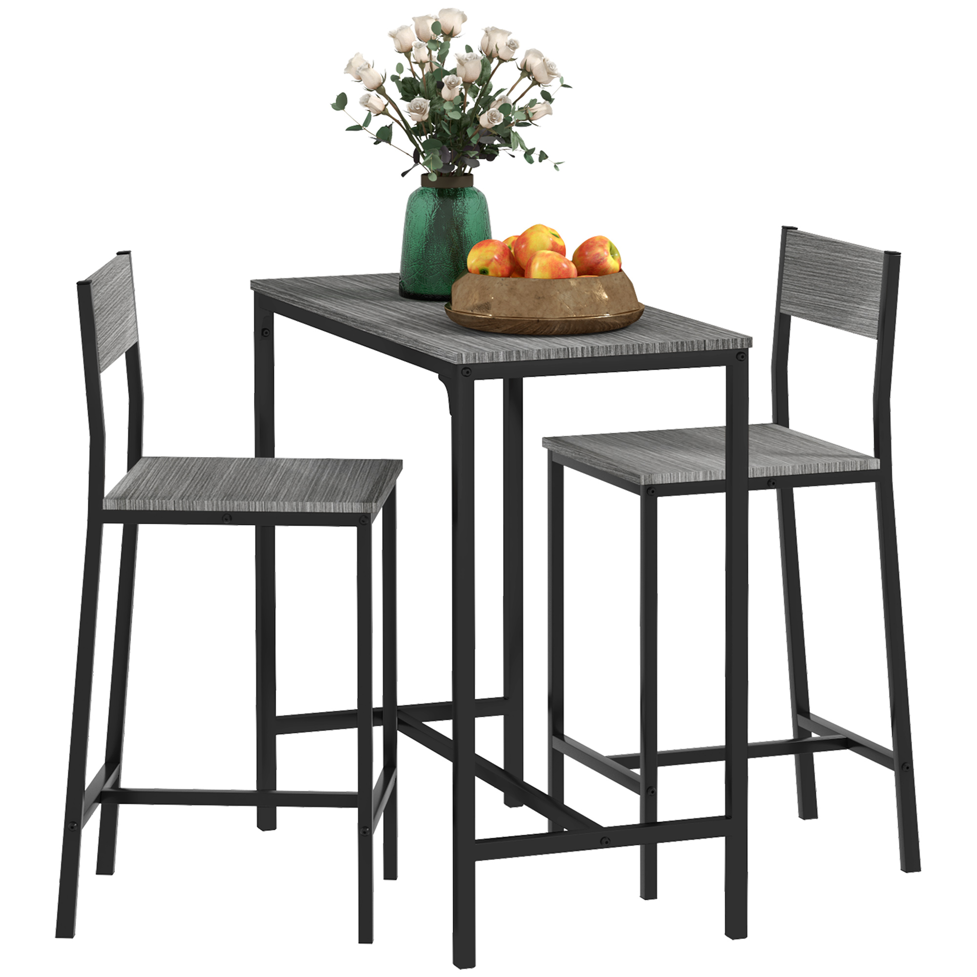Grey Bar Table Set - 3 Piece Kitchen Bar Table with Stools