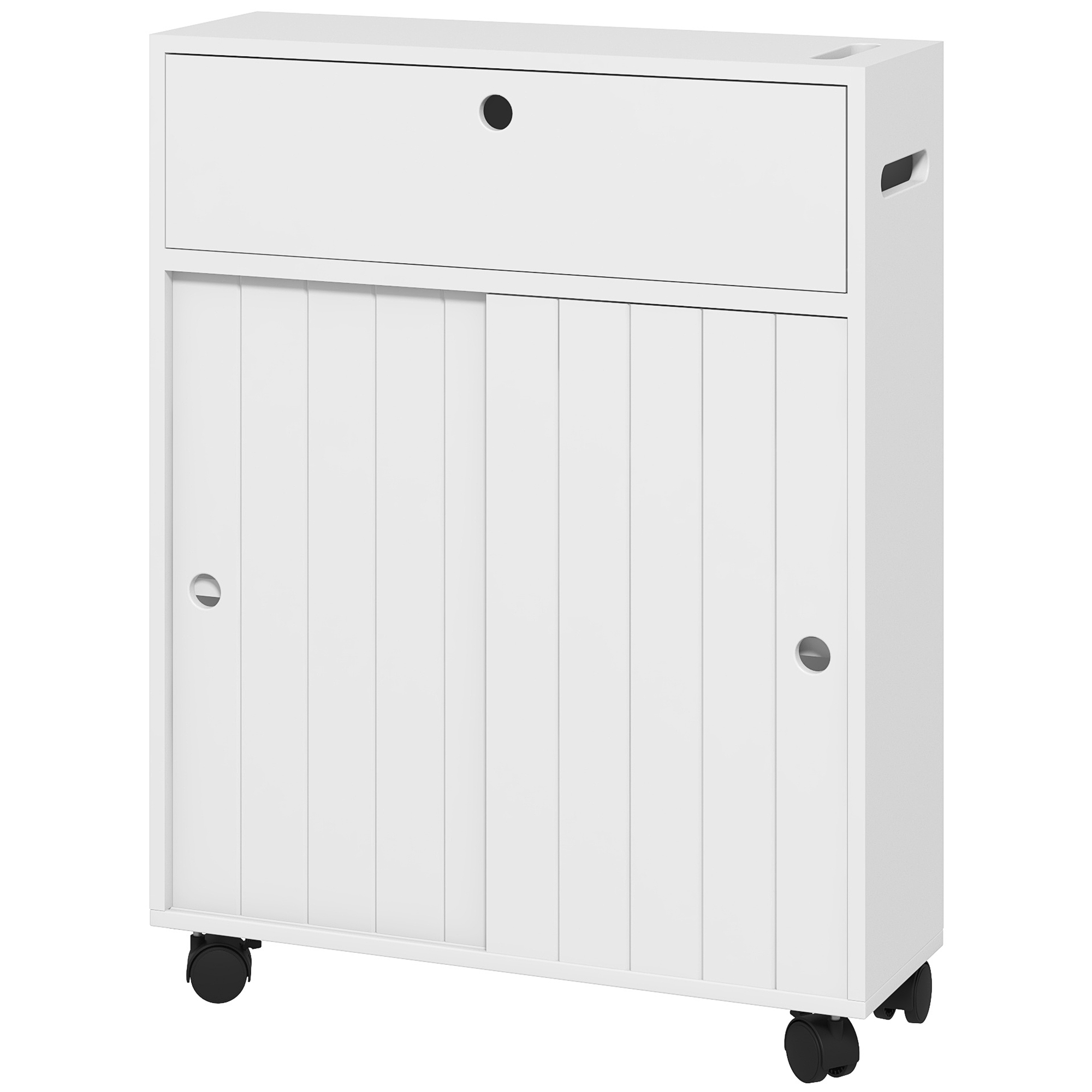 Slim White Toilet Paper Cabinet - 4 Rolling Wheels, Storage for Bathroom