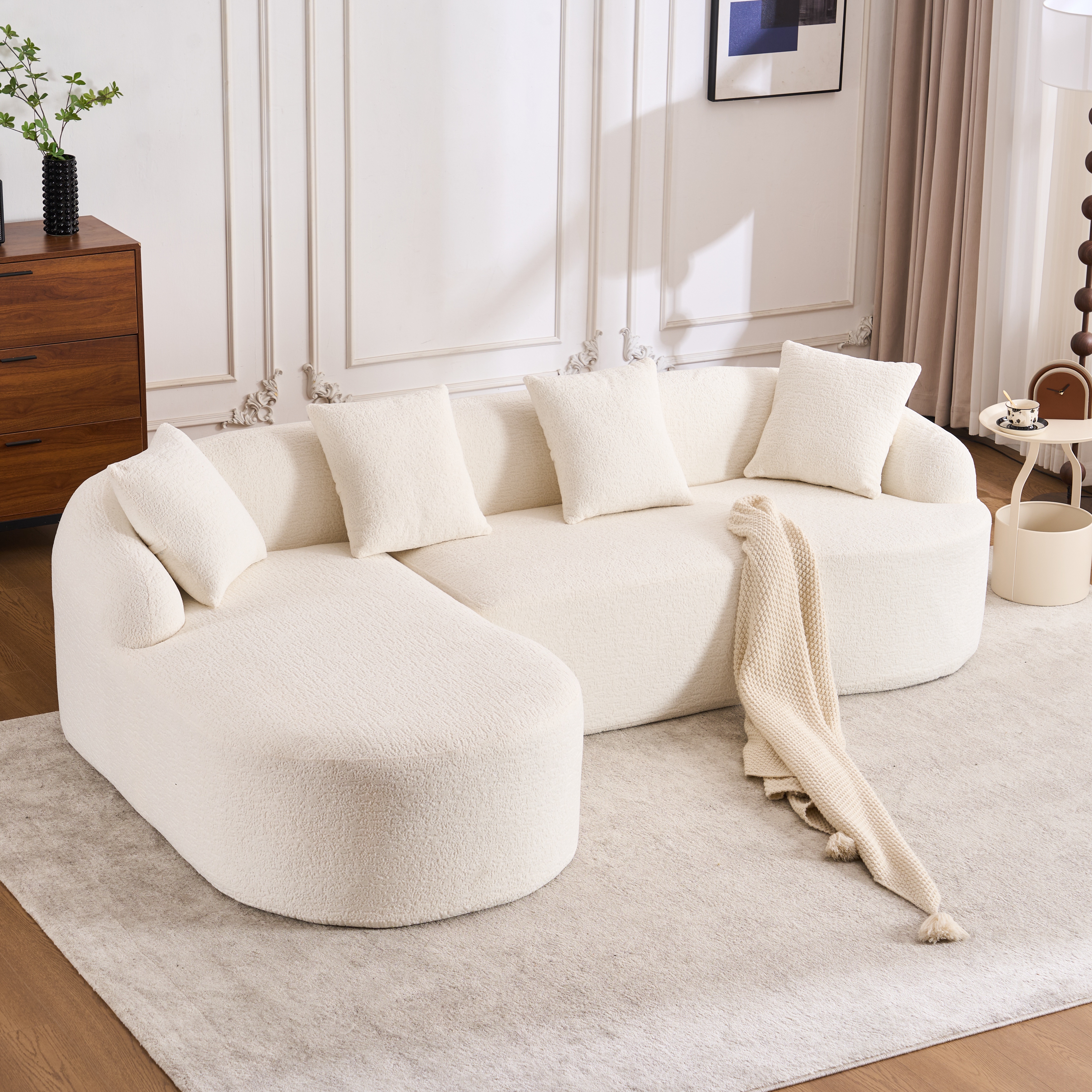 3 Seat White Chenille L Sofa with Foam Spring
