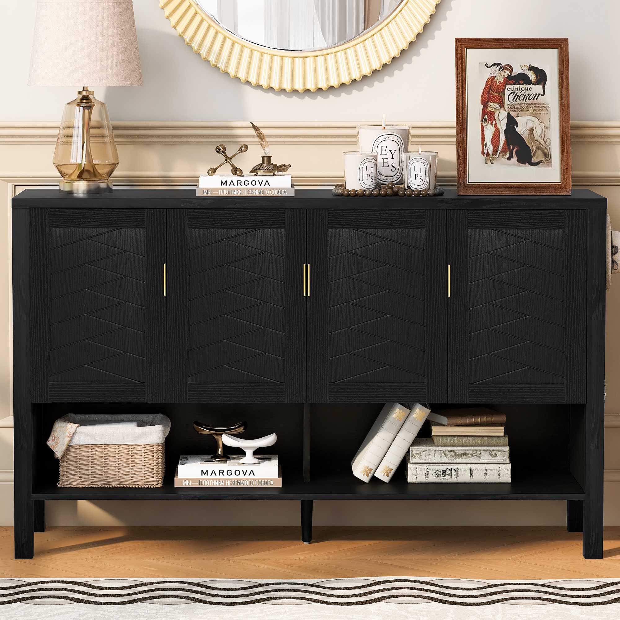 55 Inch Black Sideboard Buffet Cabinet - American Design