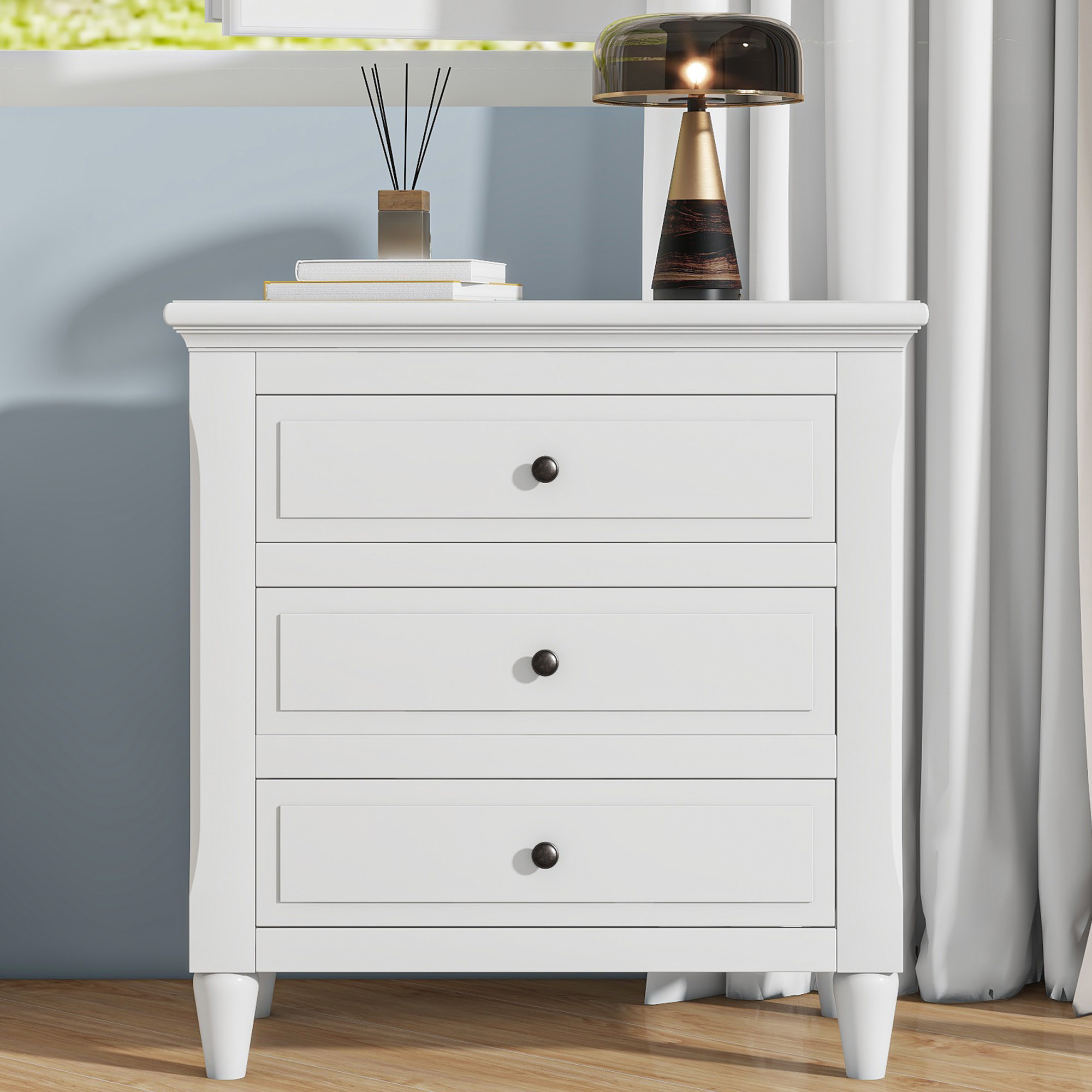 3 Drawer White Nightstand with MDF - Bedroom Storage