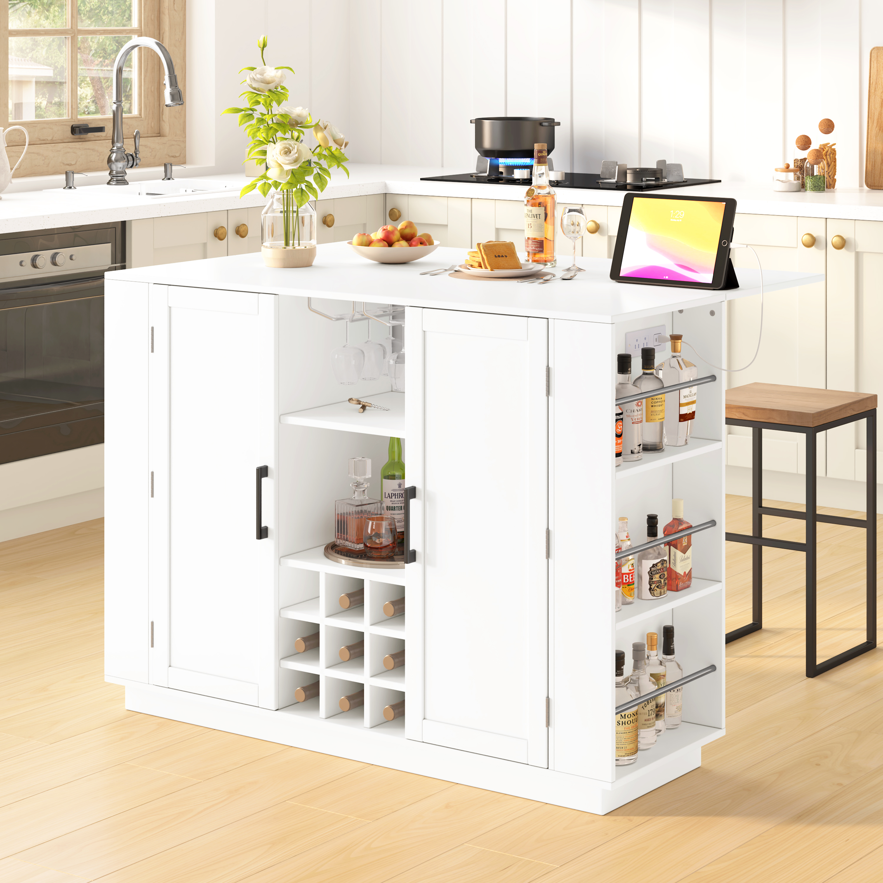 White Counter Height Table with Drop Leaf & Wine Bar
