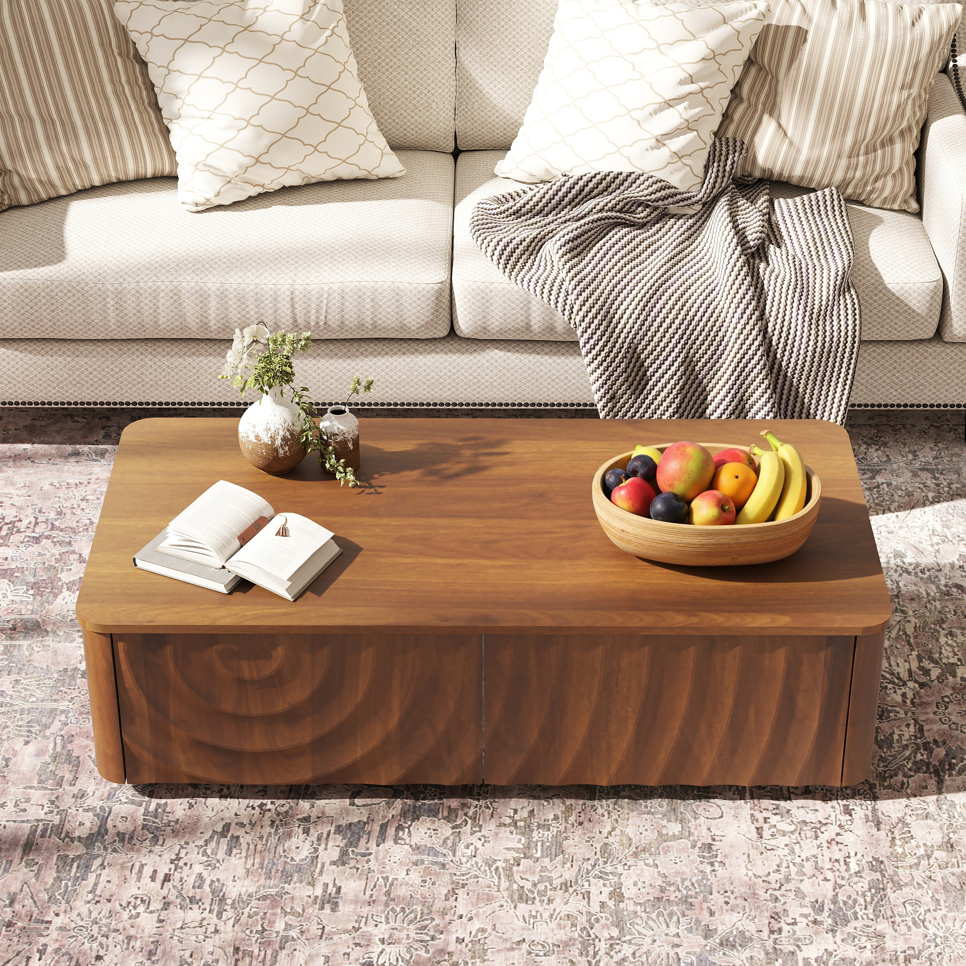 Walnut Brown Eucalyptus Coffee Table With Drawers