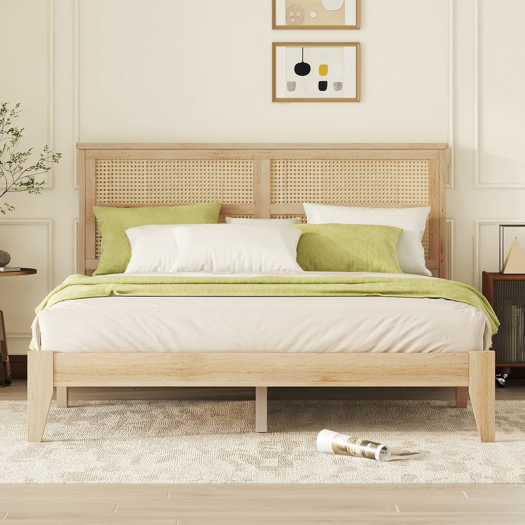 Queen Size Rubber Wood Bed with Rattan Headboard