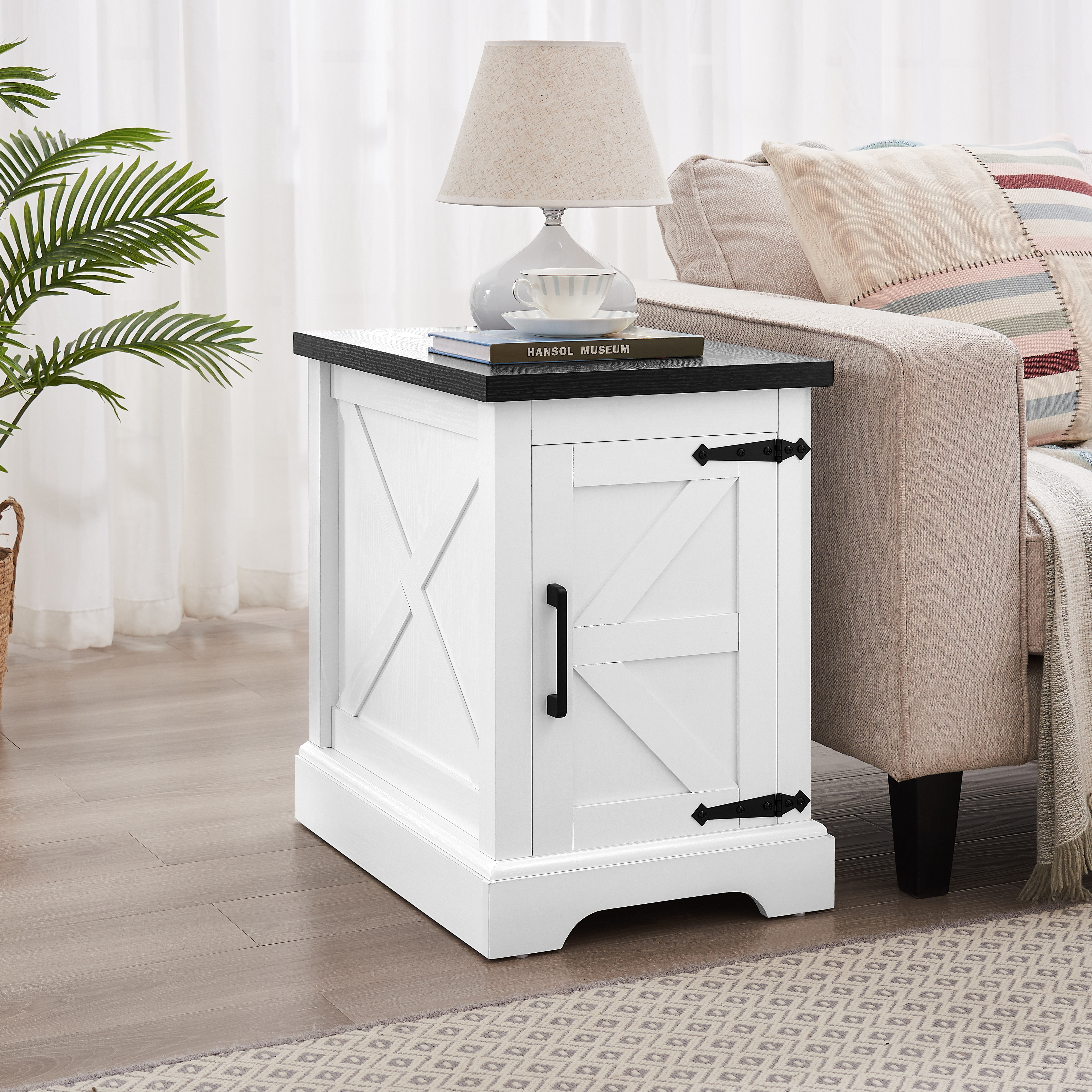 White+Black Farmhouse End Table - Storage Nightstand