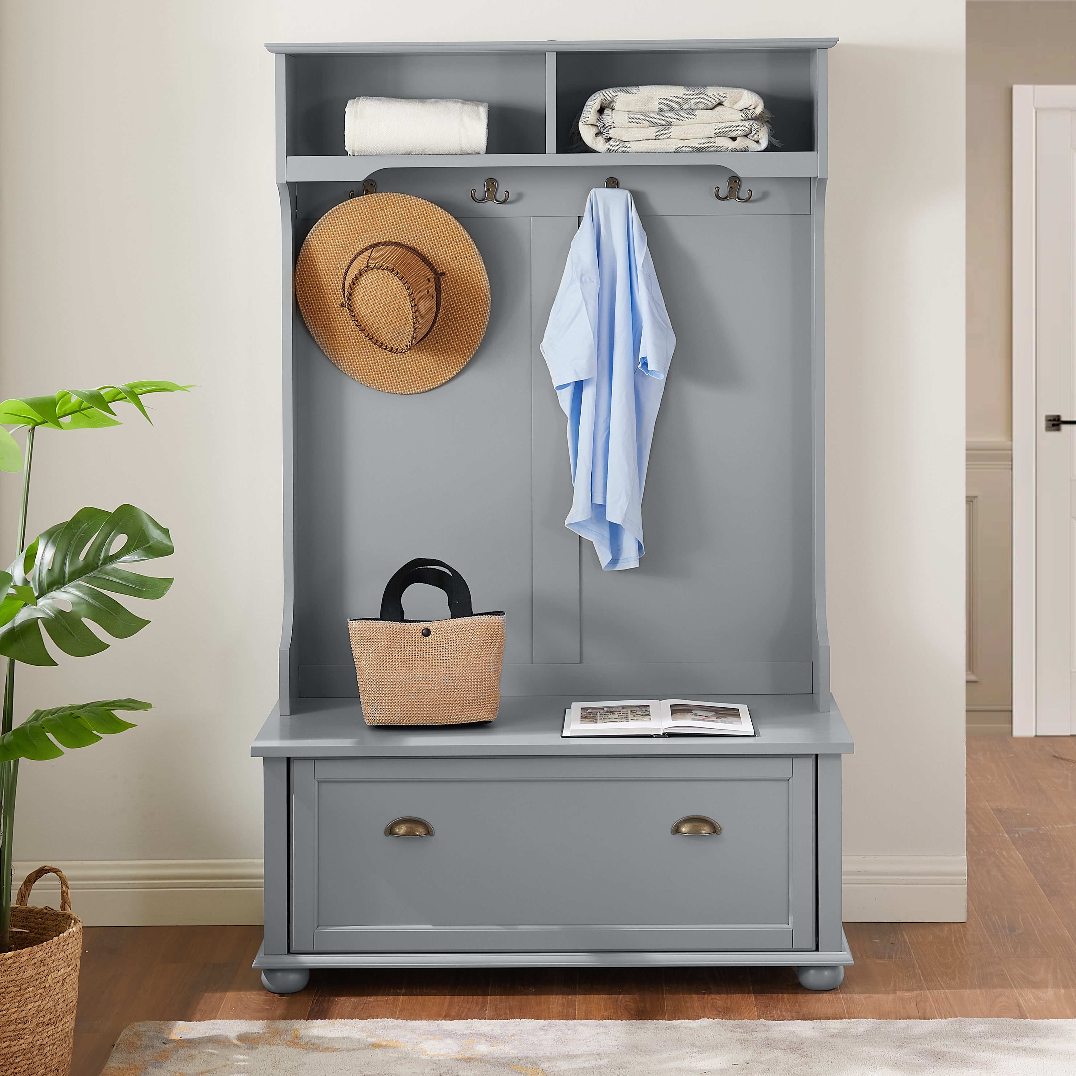 Gray MDF Hall Tree with Shoe Bench & Coat Hooks