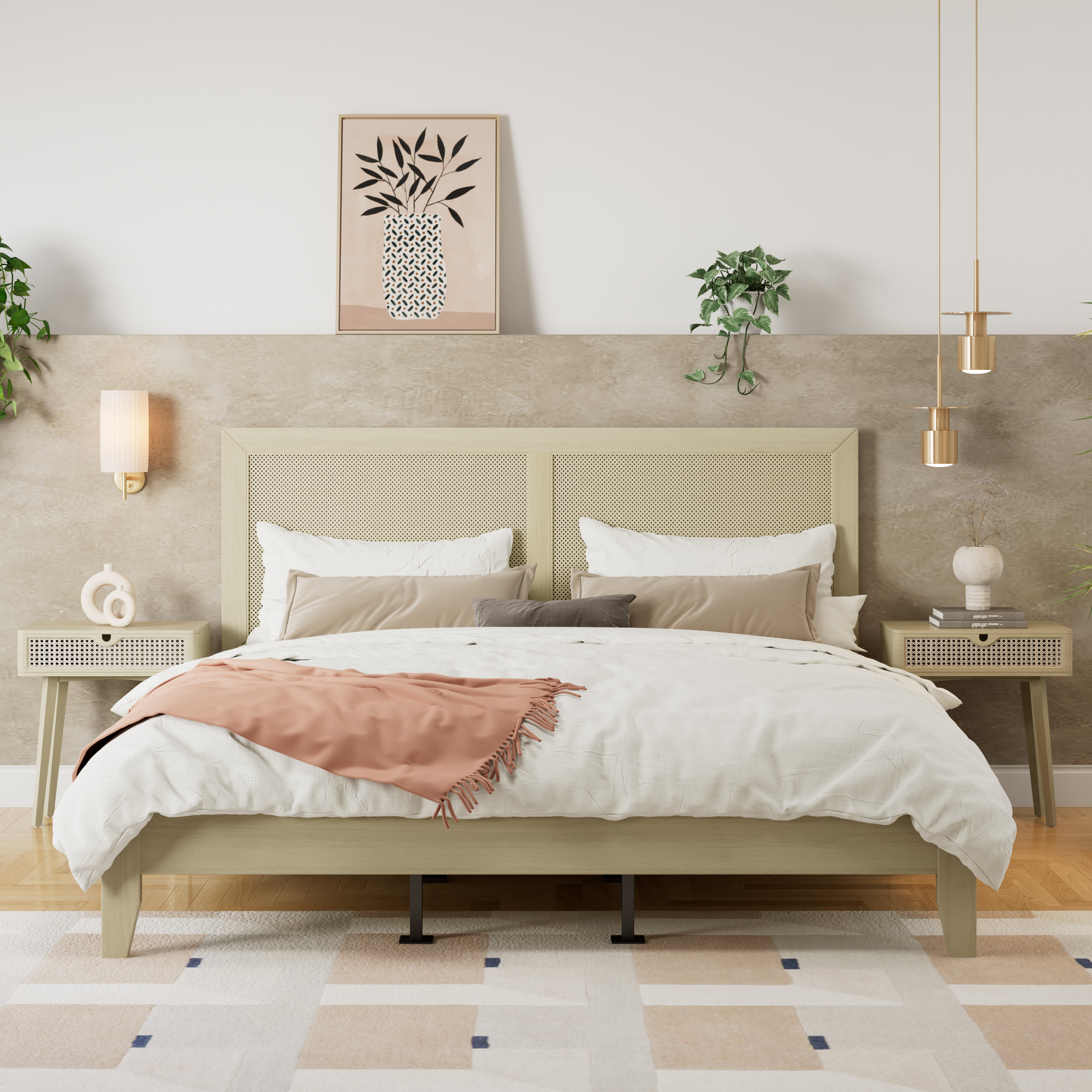California King Rattan Bed Frame - Natural Wood