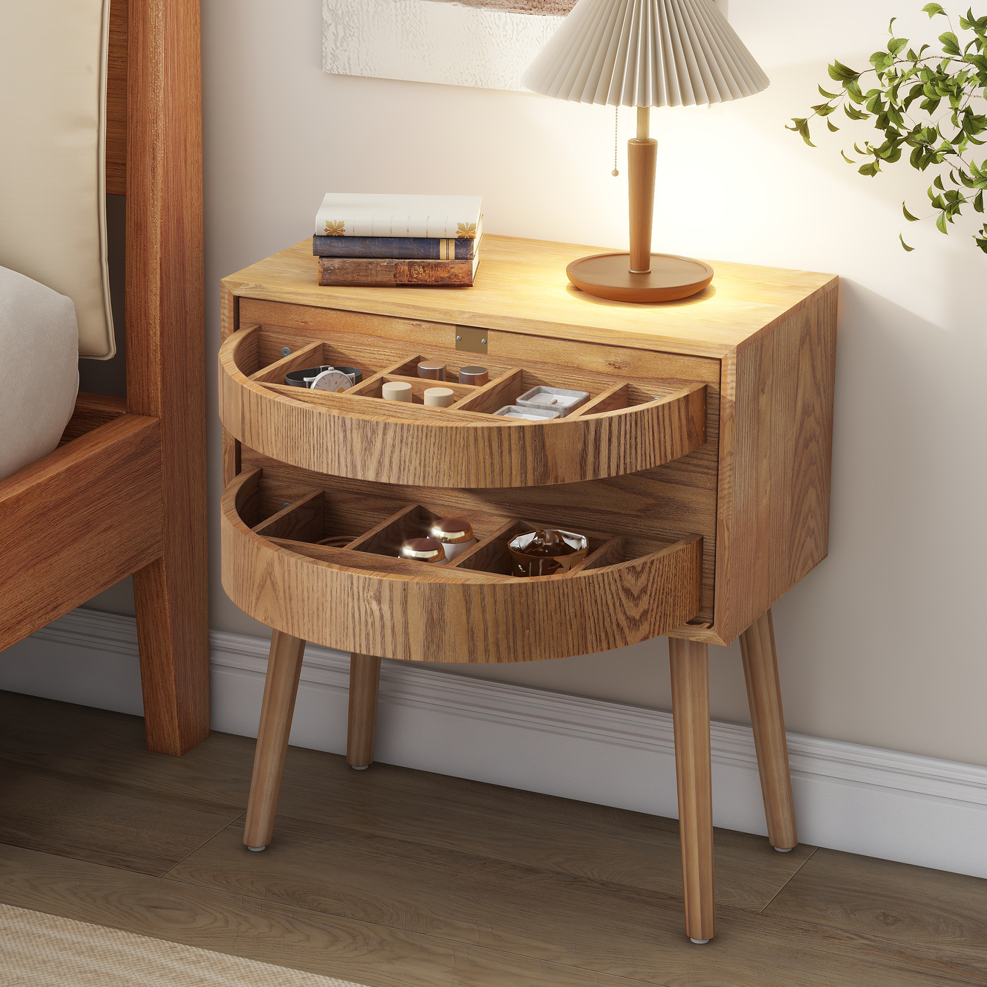 Natural MDF Rattan Nightstand with Drawer & Compartments
