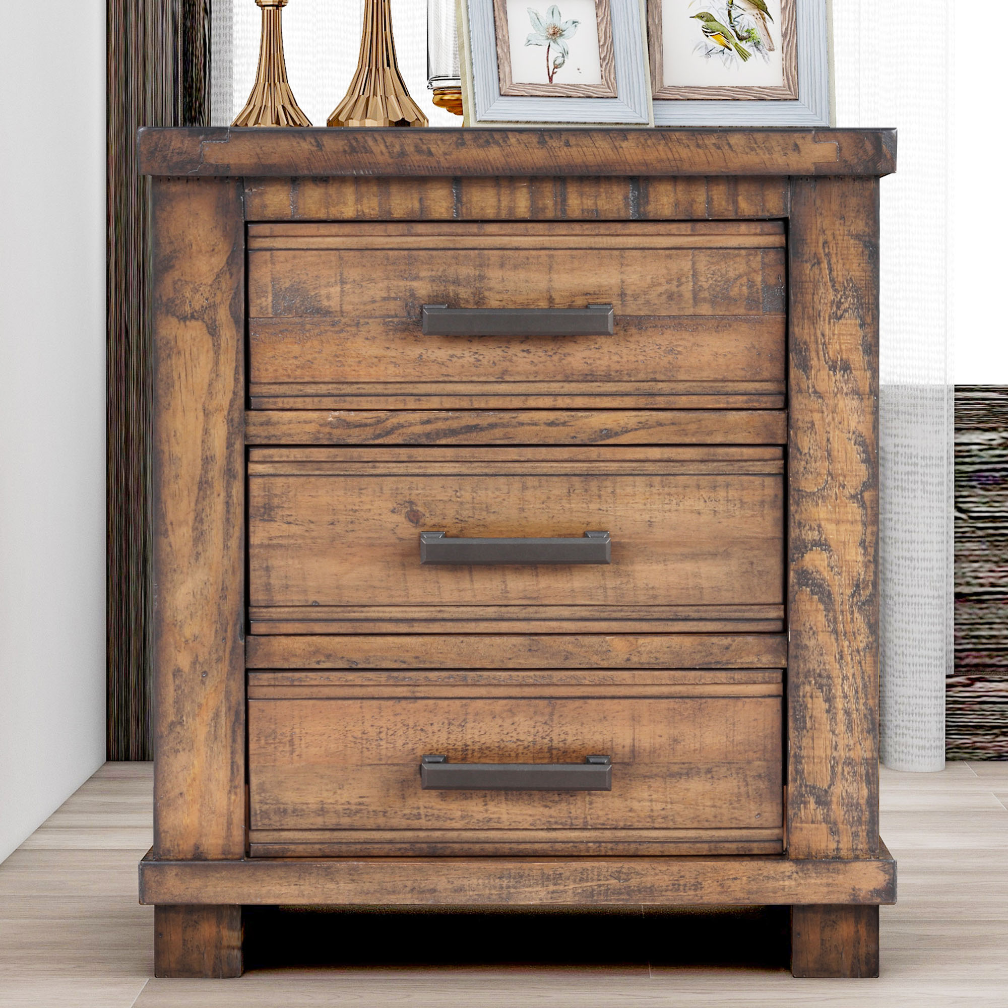 Natural Reclaimed Pine 3 Drawer Nightstand