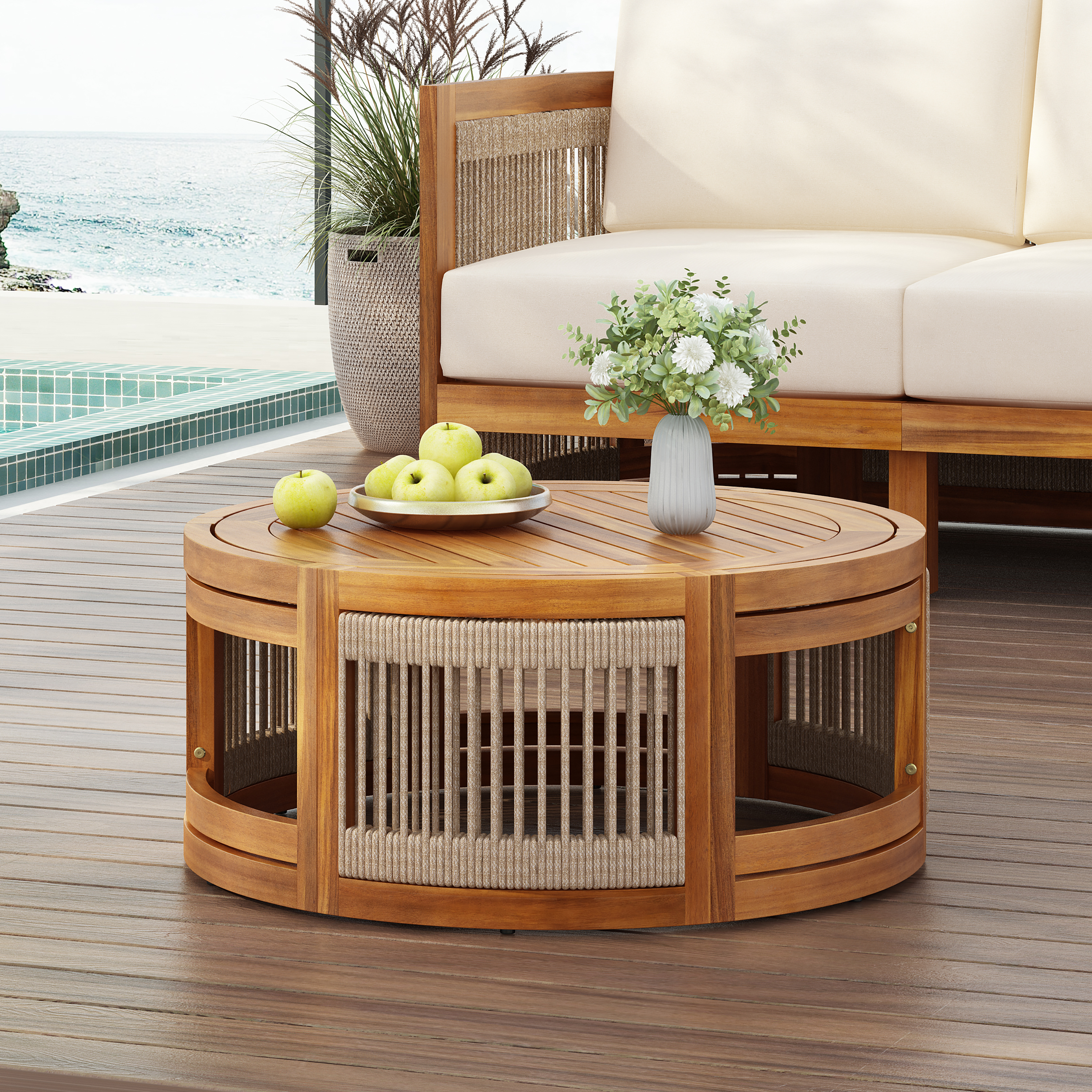 Natural Acacia Wood Outdoor Coffee Table - Rope Accent Patio Table