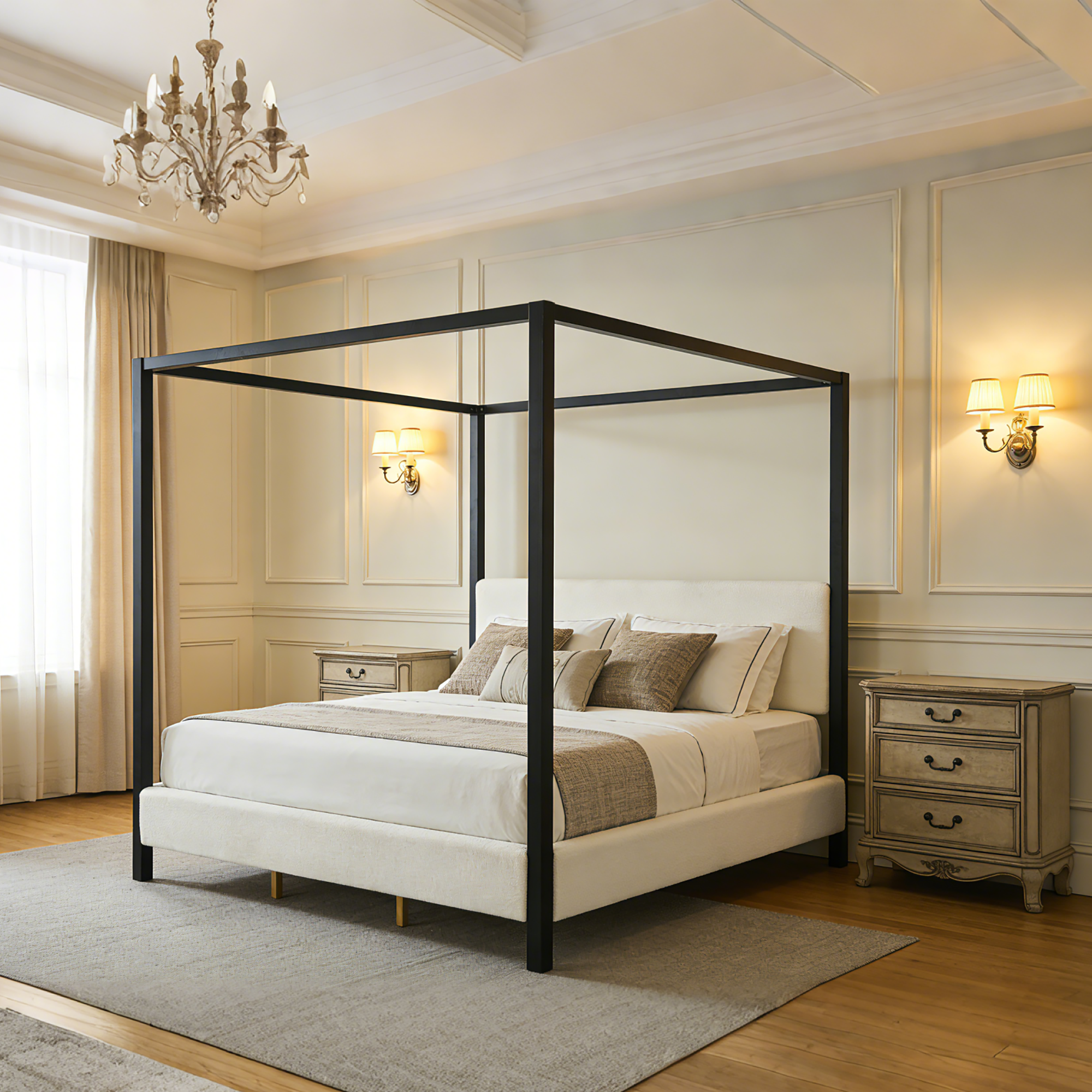 King Size White+Black Bouclé Canopy Bed Frame