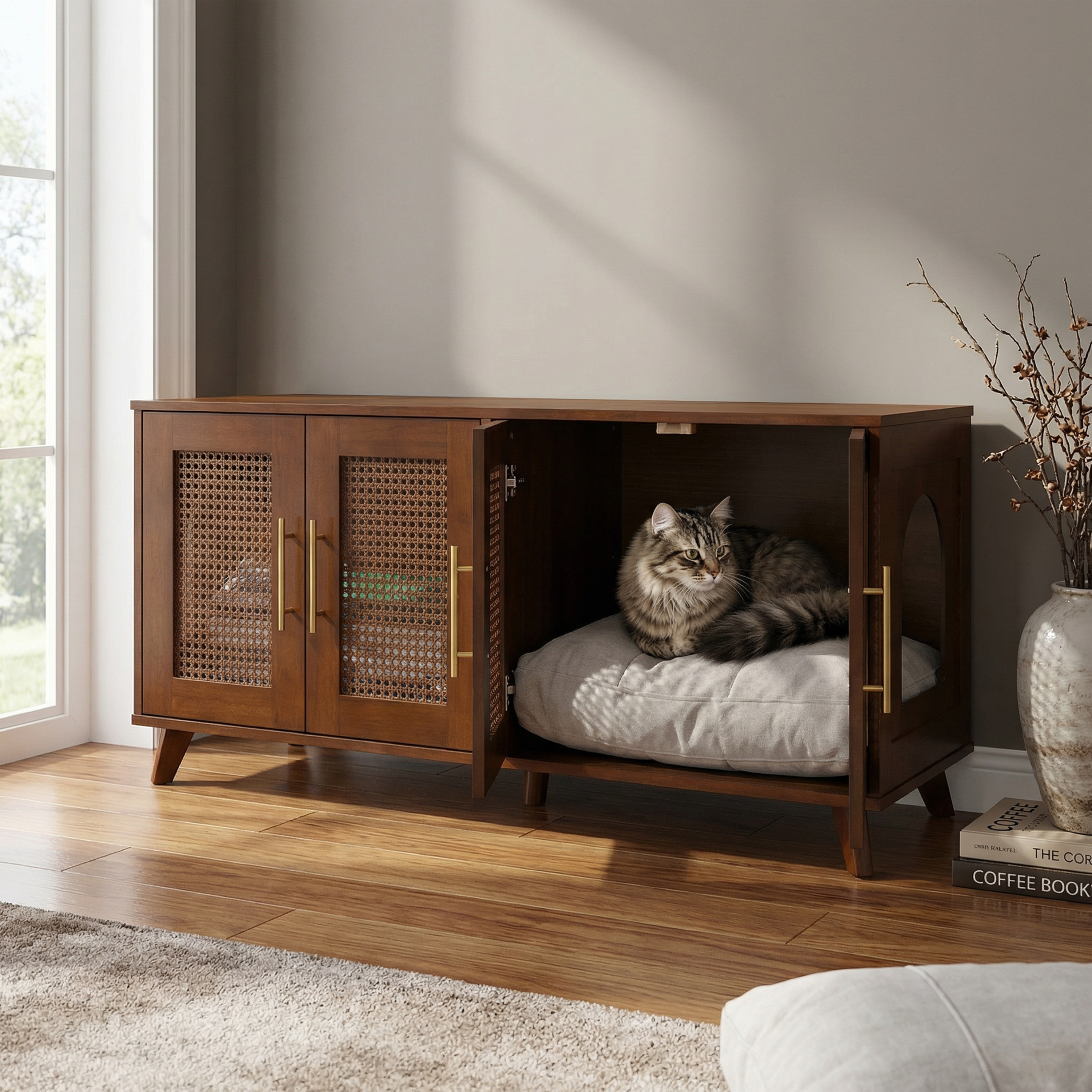 Walnut Cat Cabinet with Rattan Hideaway – Medium Cat Bed