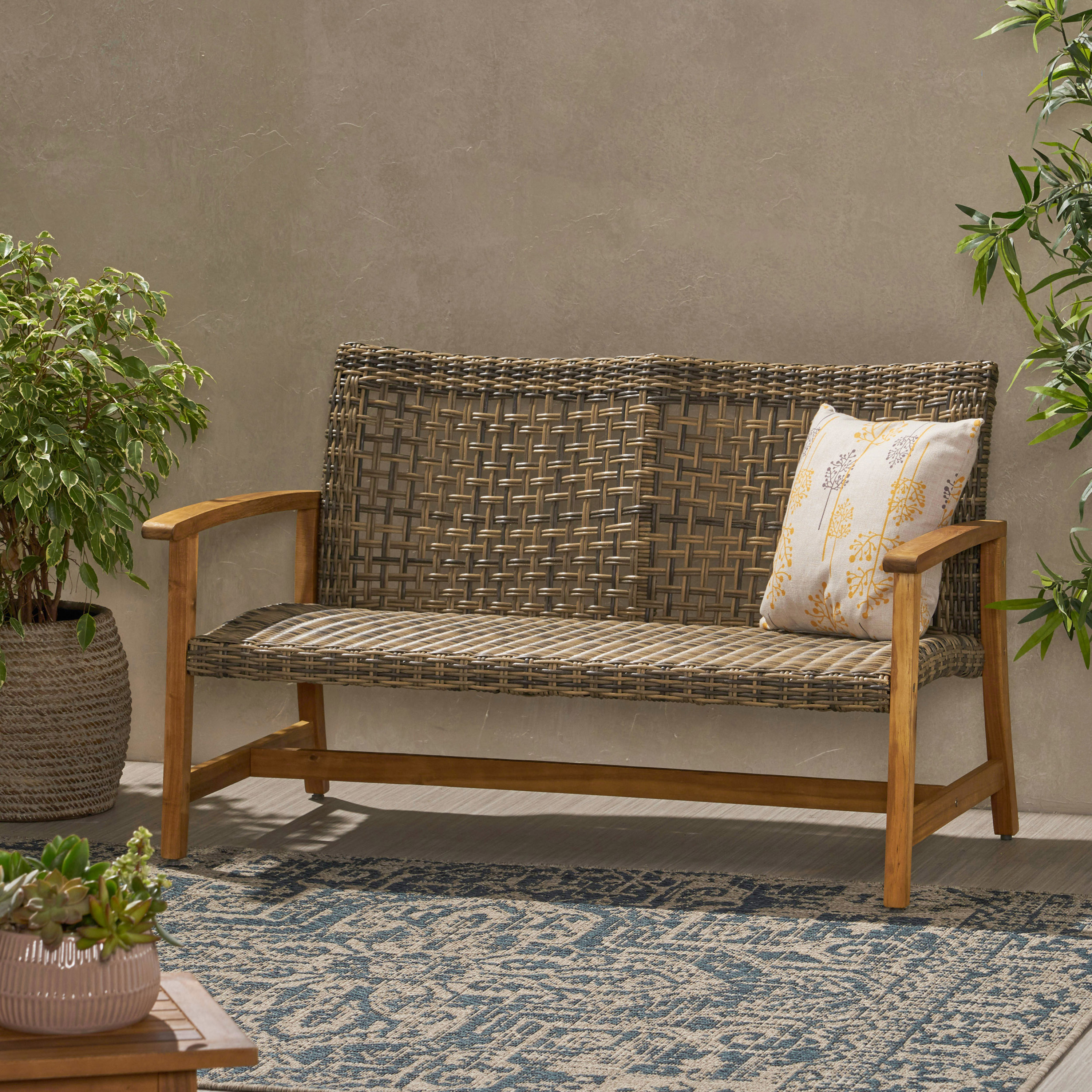 Natural Grey Acacia Wood Wicker Loveseat