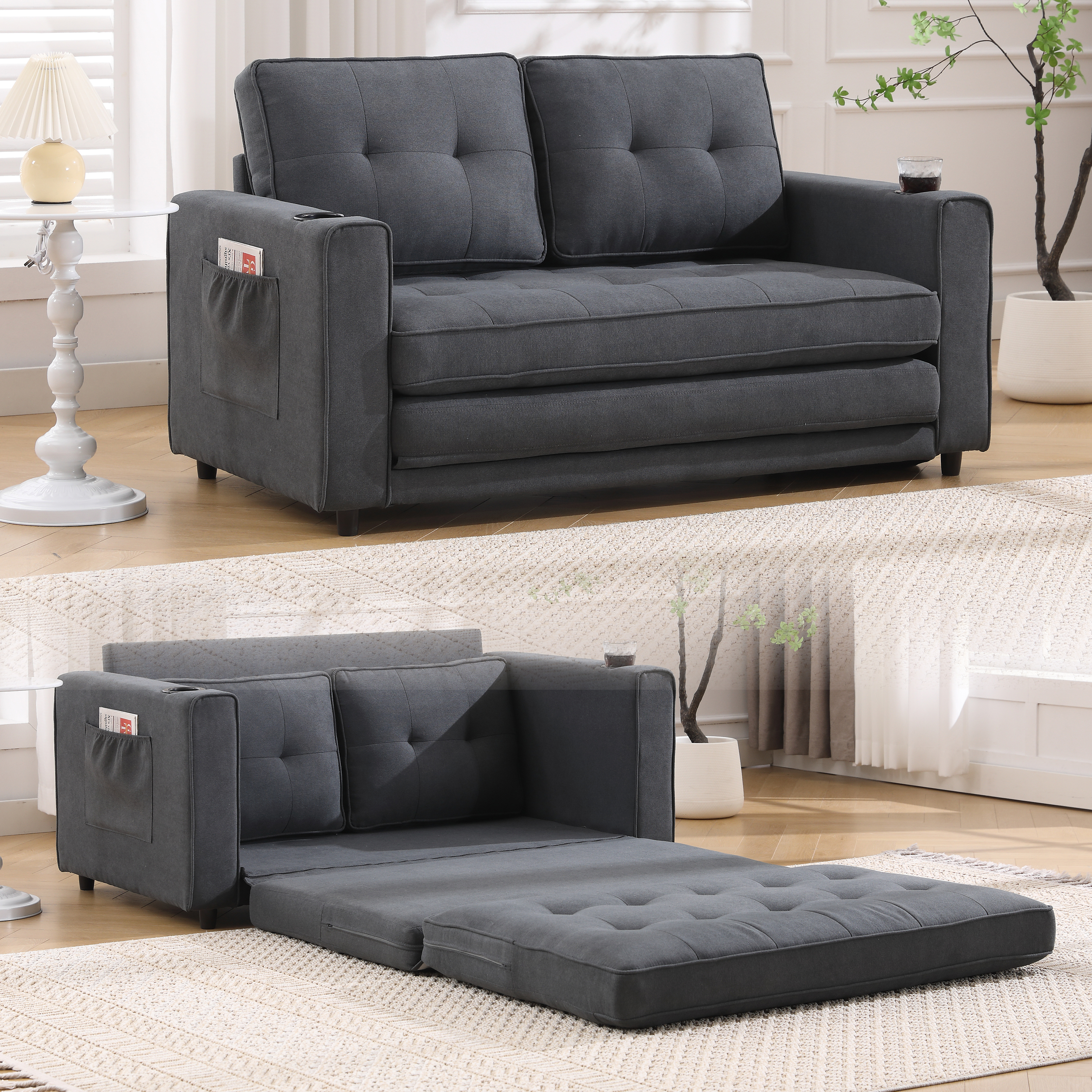Dark Gray 3-in-1 Folding Loveseat Sofa Bed