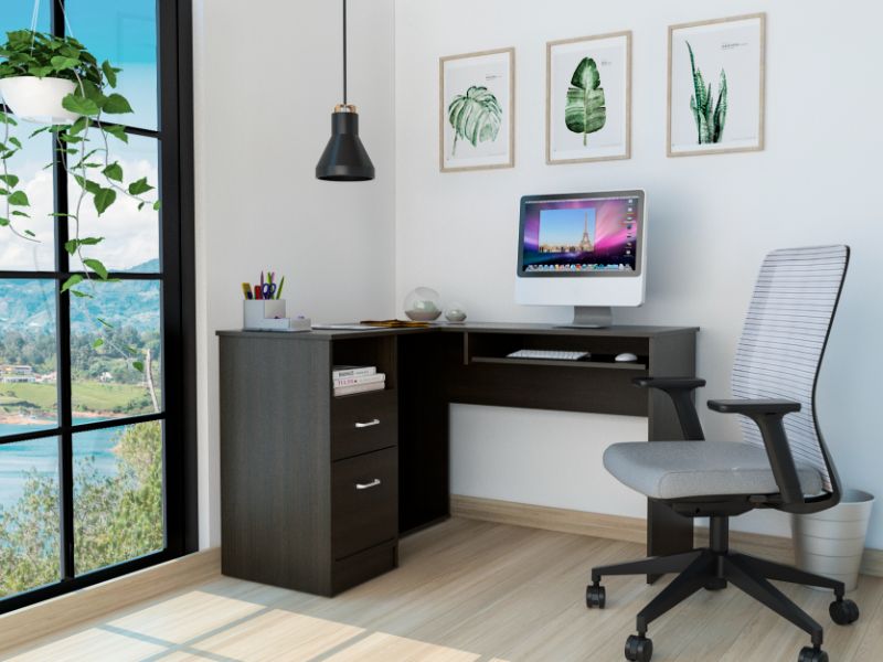 Black L-Shaped Computer Desk with Two Drawers & Shelf
