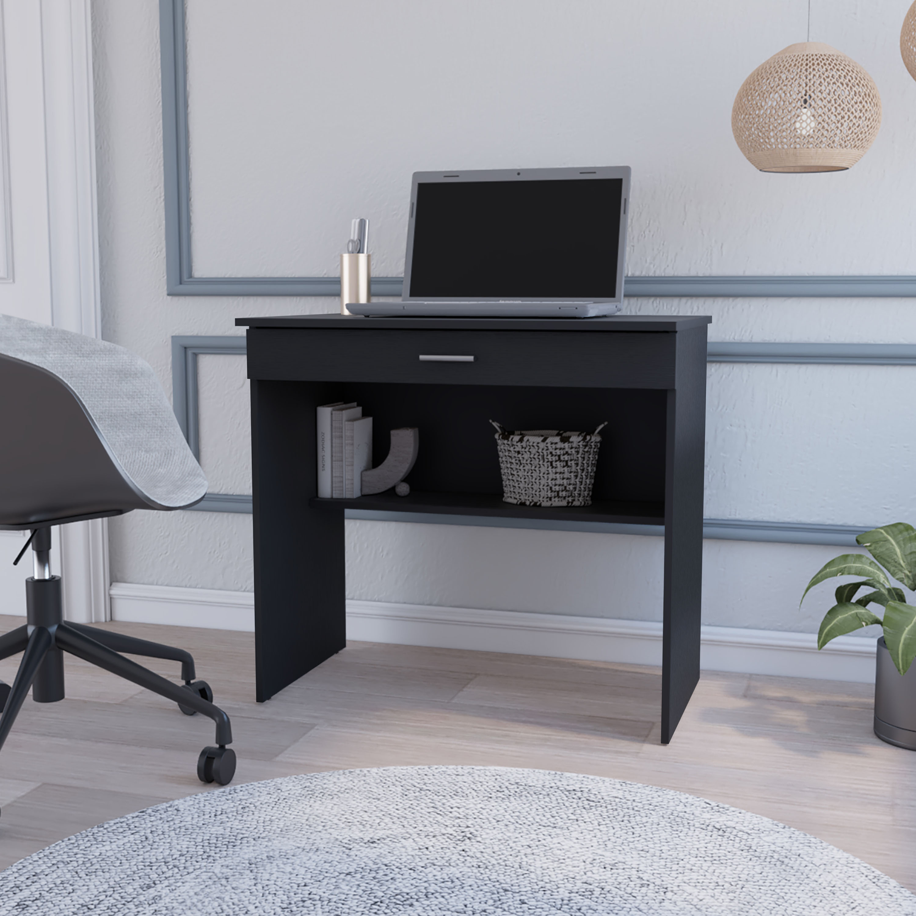 Black Computer Desk with Drawers & Shelves - Office Desk