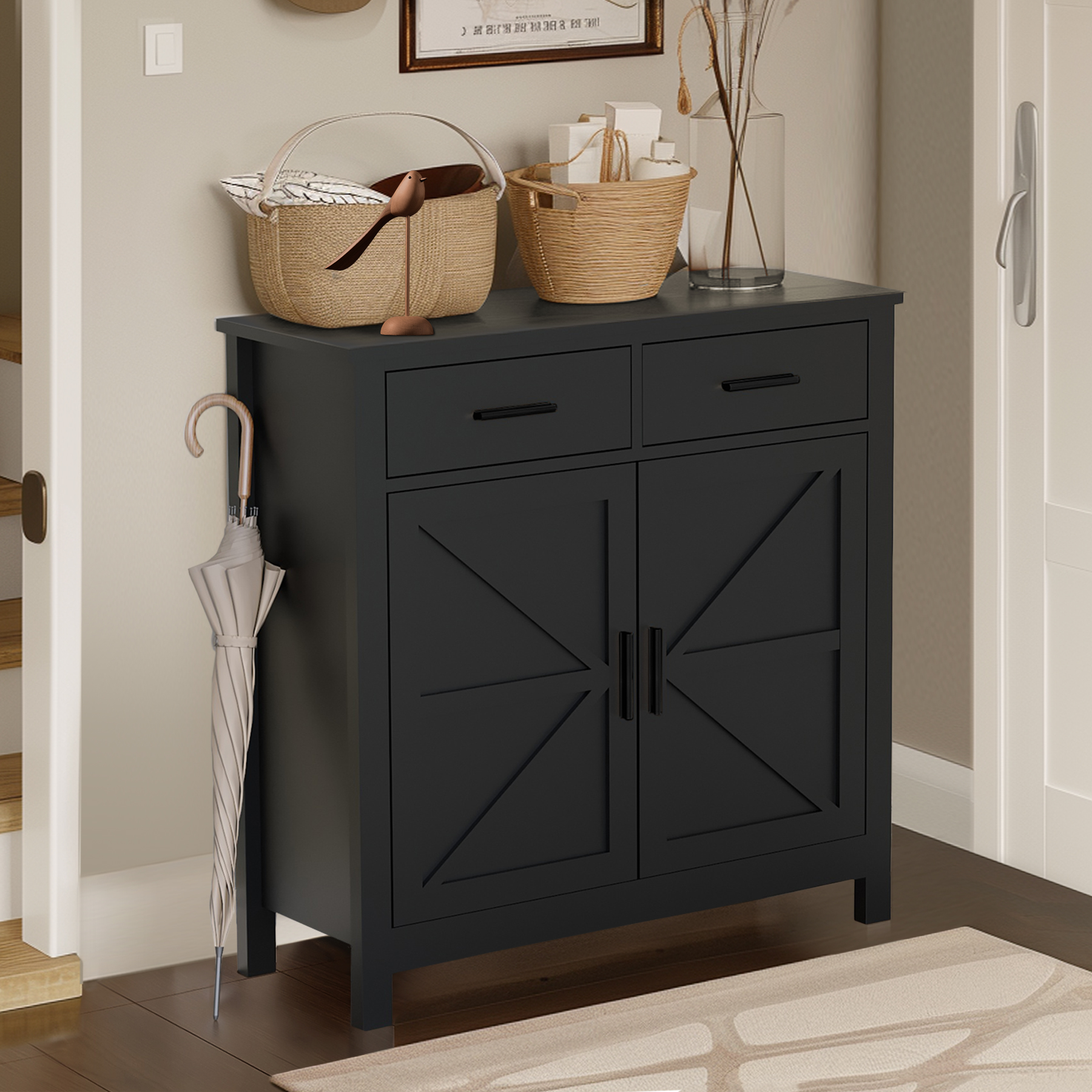 Black Kitchen Storage Cabinet - Farmhouse Buffet with Drawers