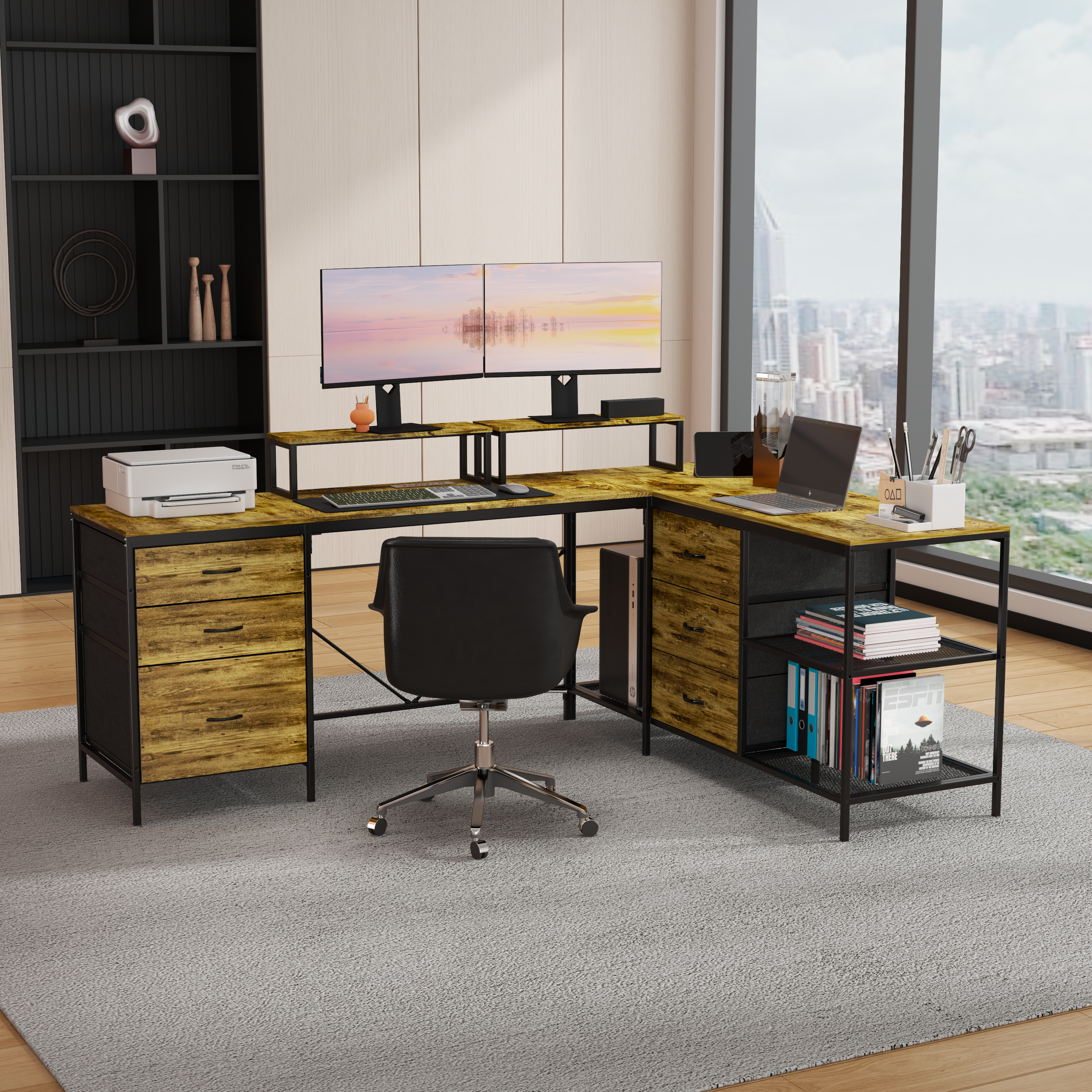 L-Shaped Gaming Desk with Power Hub - 114" Brown MDF Metal