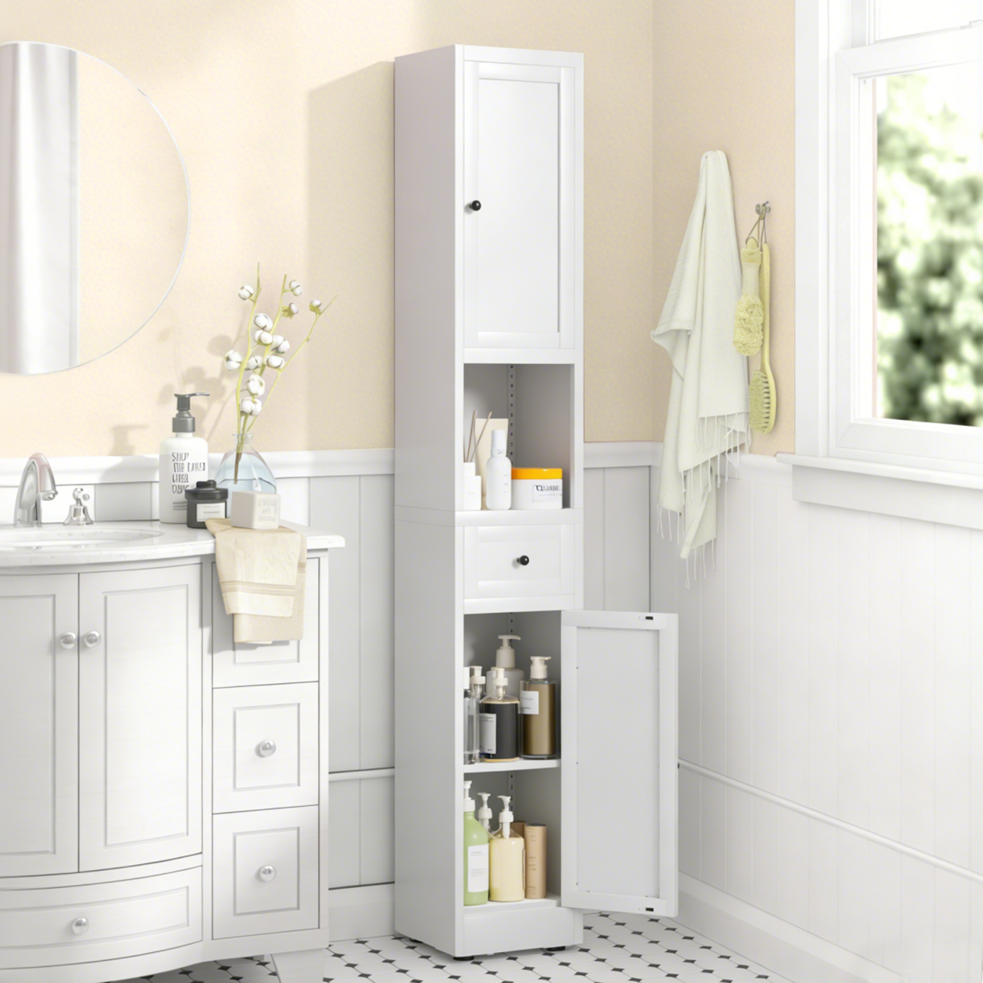 White Bathroom Storage Cabinet - 71" Freestanding with Adjustable Shelves