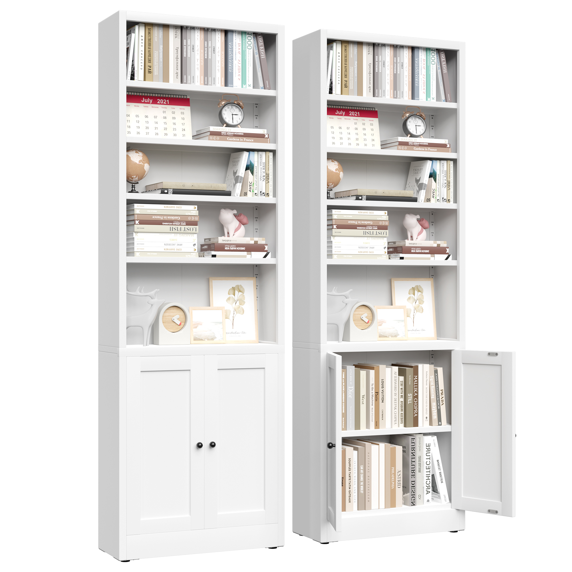 71 Inch White Metal Bookshelf with 6 Shelves