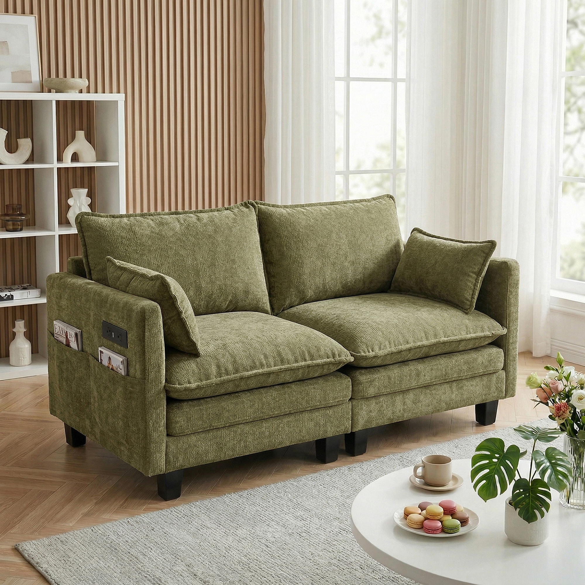 Green Chenille Loveseat Sofa - 2 Seat USB Couch
