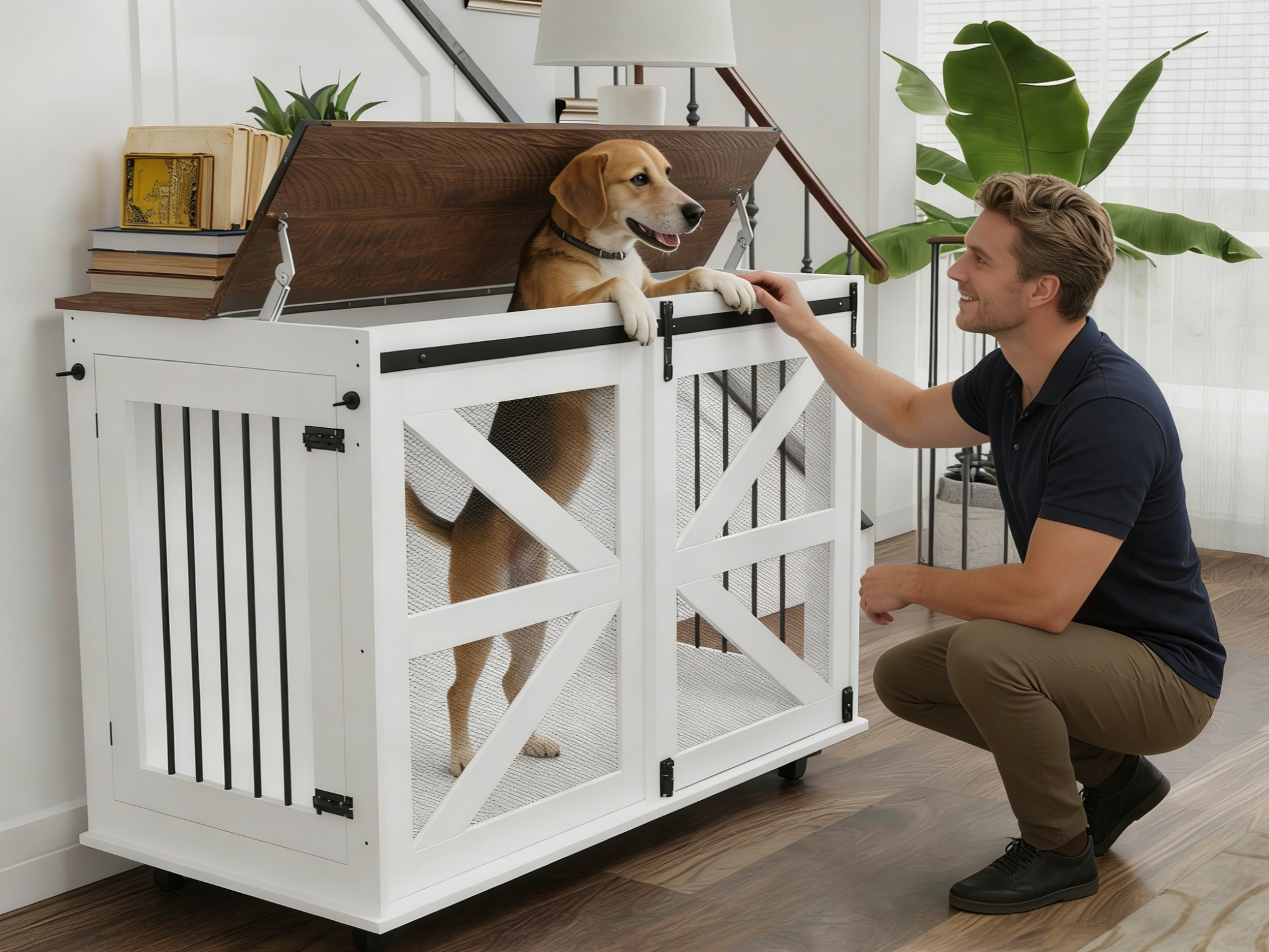 47 Inch Mobile Dog Crate Brown White Engineered Wood