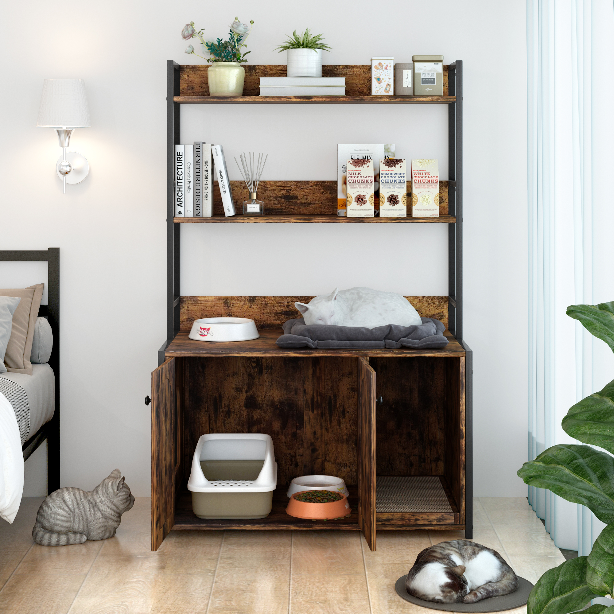 Brown Cat Litter Box Enclosure with Storage Shelves