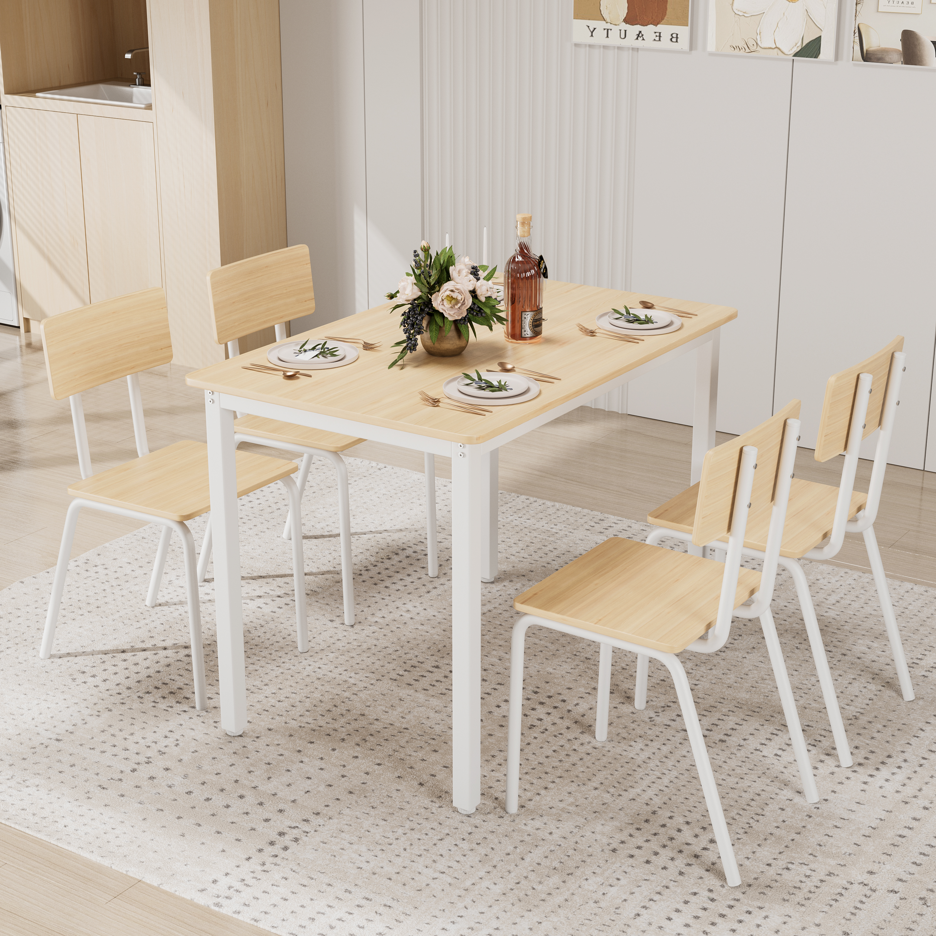4-Person Oak Dining Table Set with Chairs - MDF