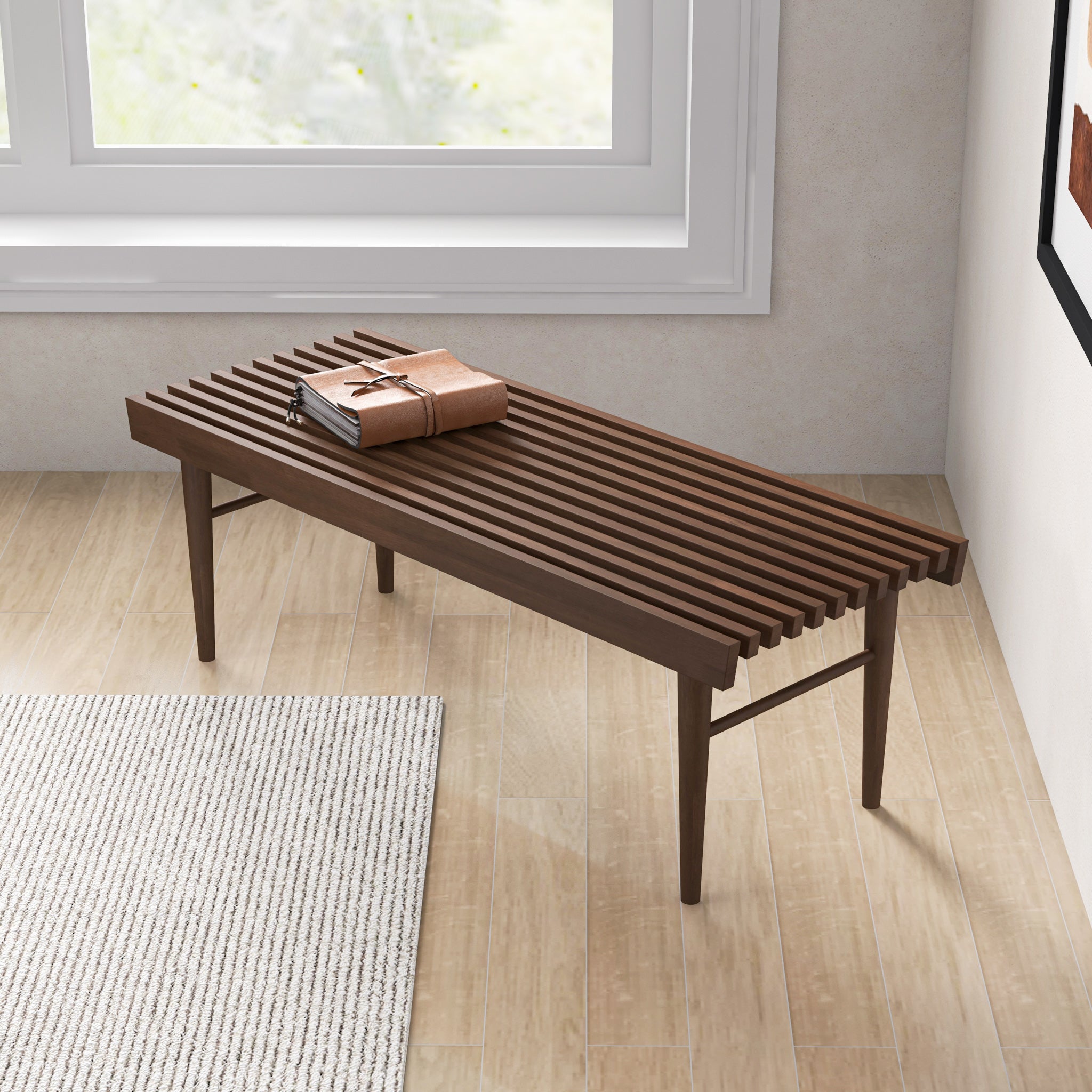 Dark Brown Walnut Mid Century Modern Bench