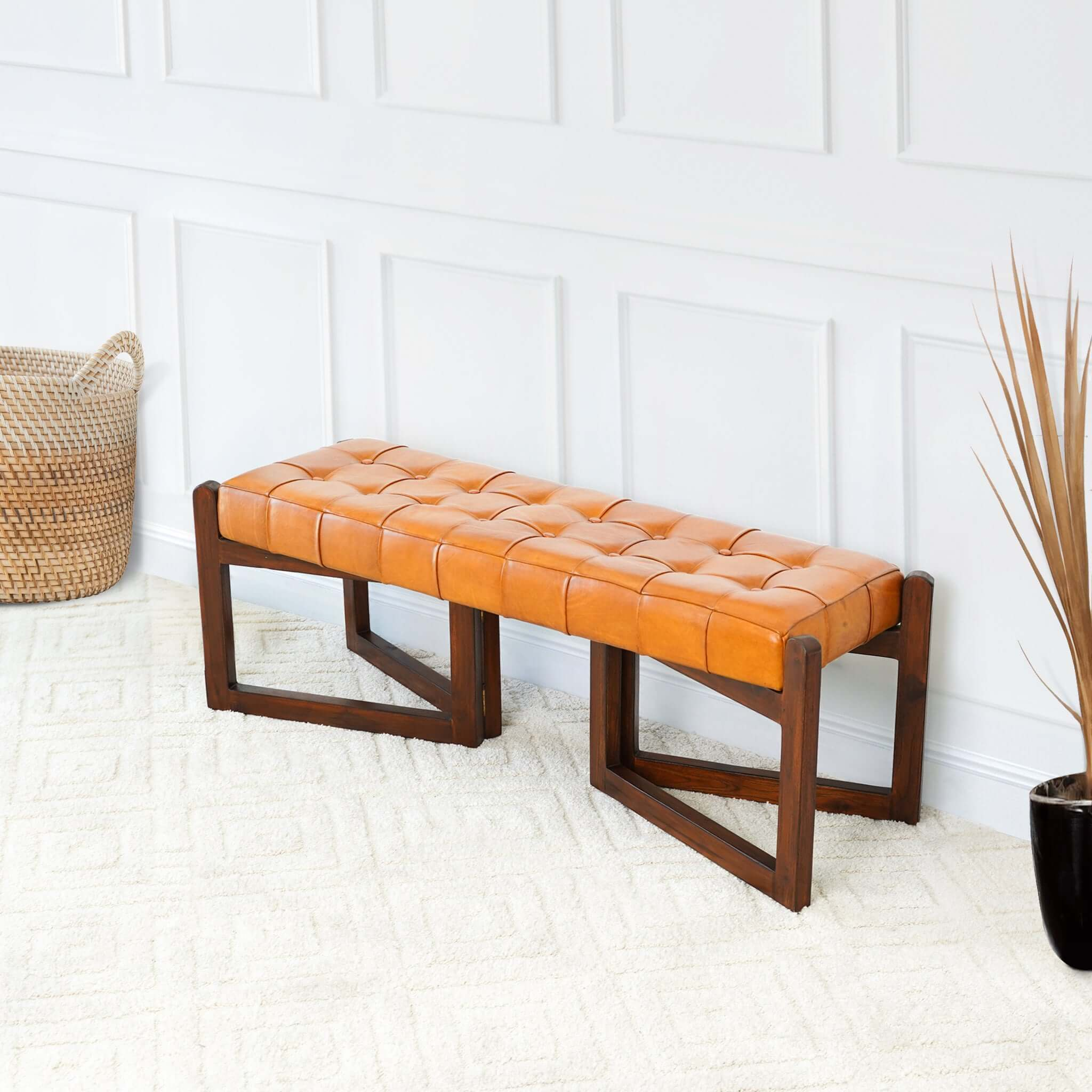 Mid-Century Modern Leather Bench - Brown Rustic Tan