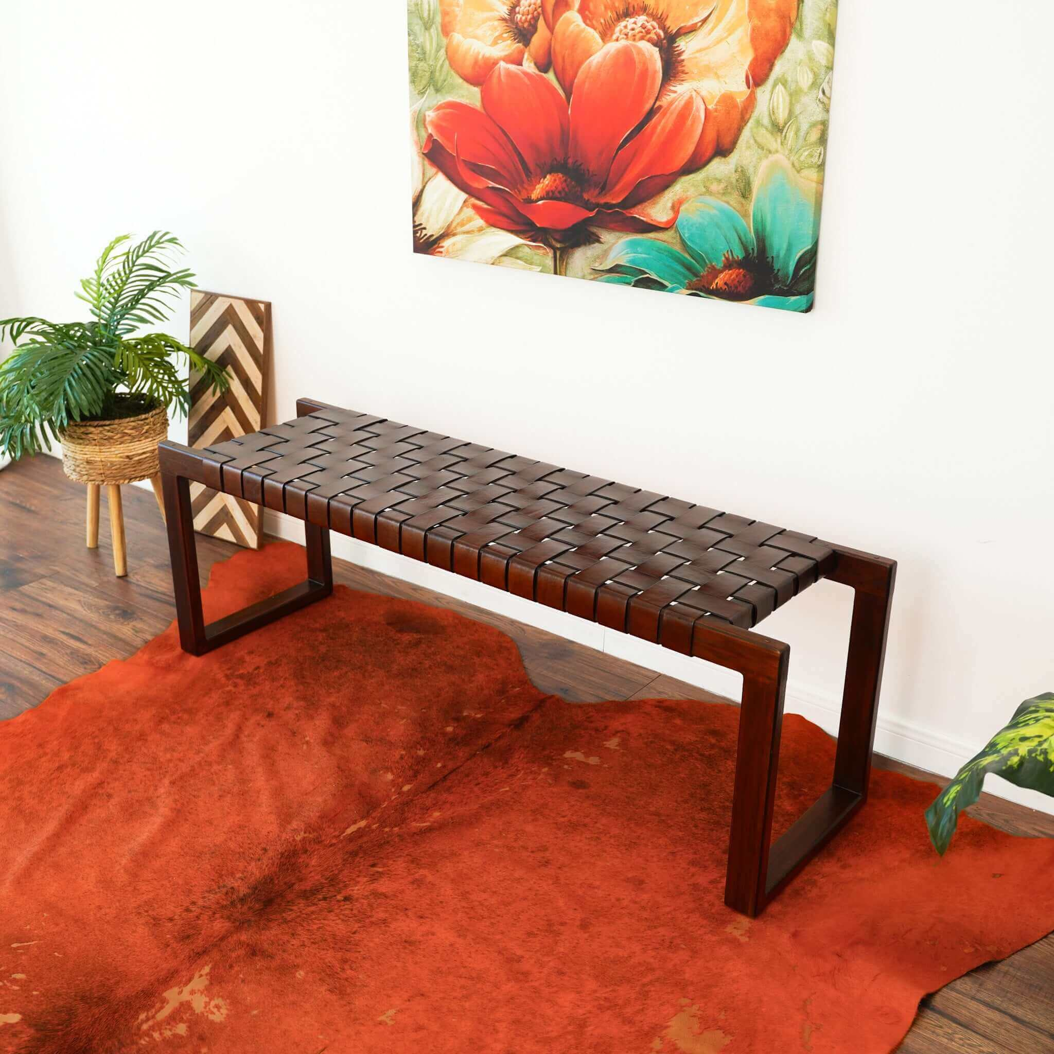 Cognac Leather Mid-Century Bench - 55"W x 15.7"D x 18.5"H