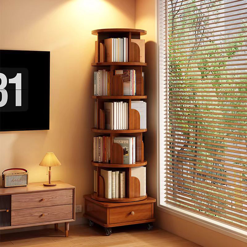 6-Shelf Walnut Brown Rotating Bookshelf - Corner Display