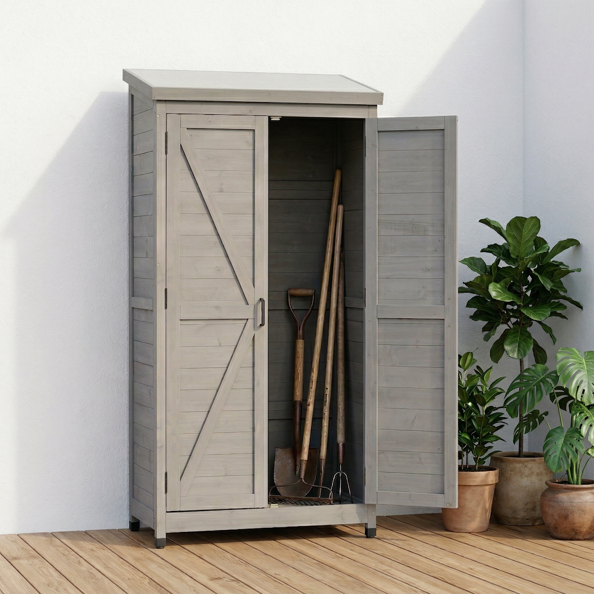 Grey Solid Wood Deck Box - Outdoor Storage Cabinet