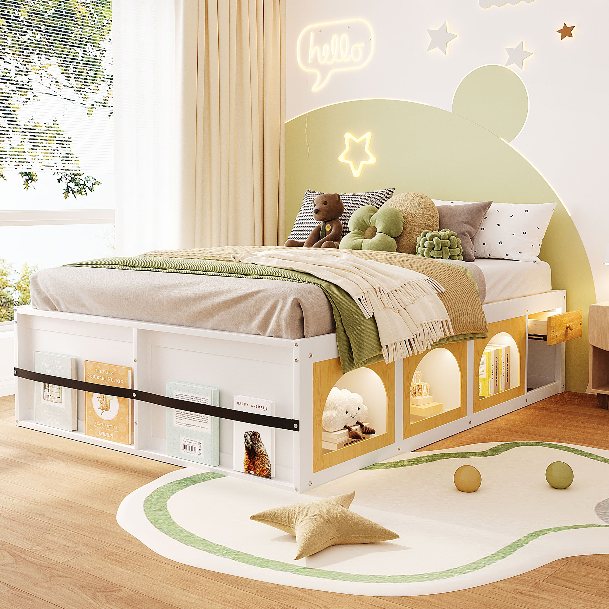 Queen Size White Natural Wooden Platform Bed with Bookshelf