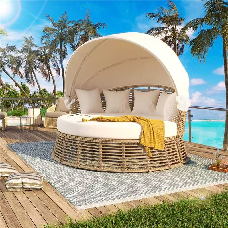 Beige Wicker Round Patio Sofa Bed with Canopy