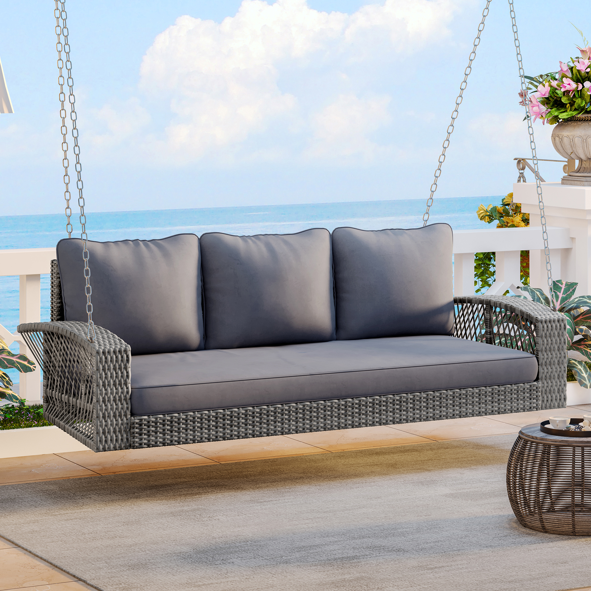Gray 3-Person Wicker Patio Swing with Cushions