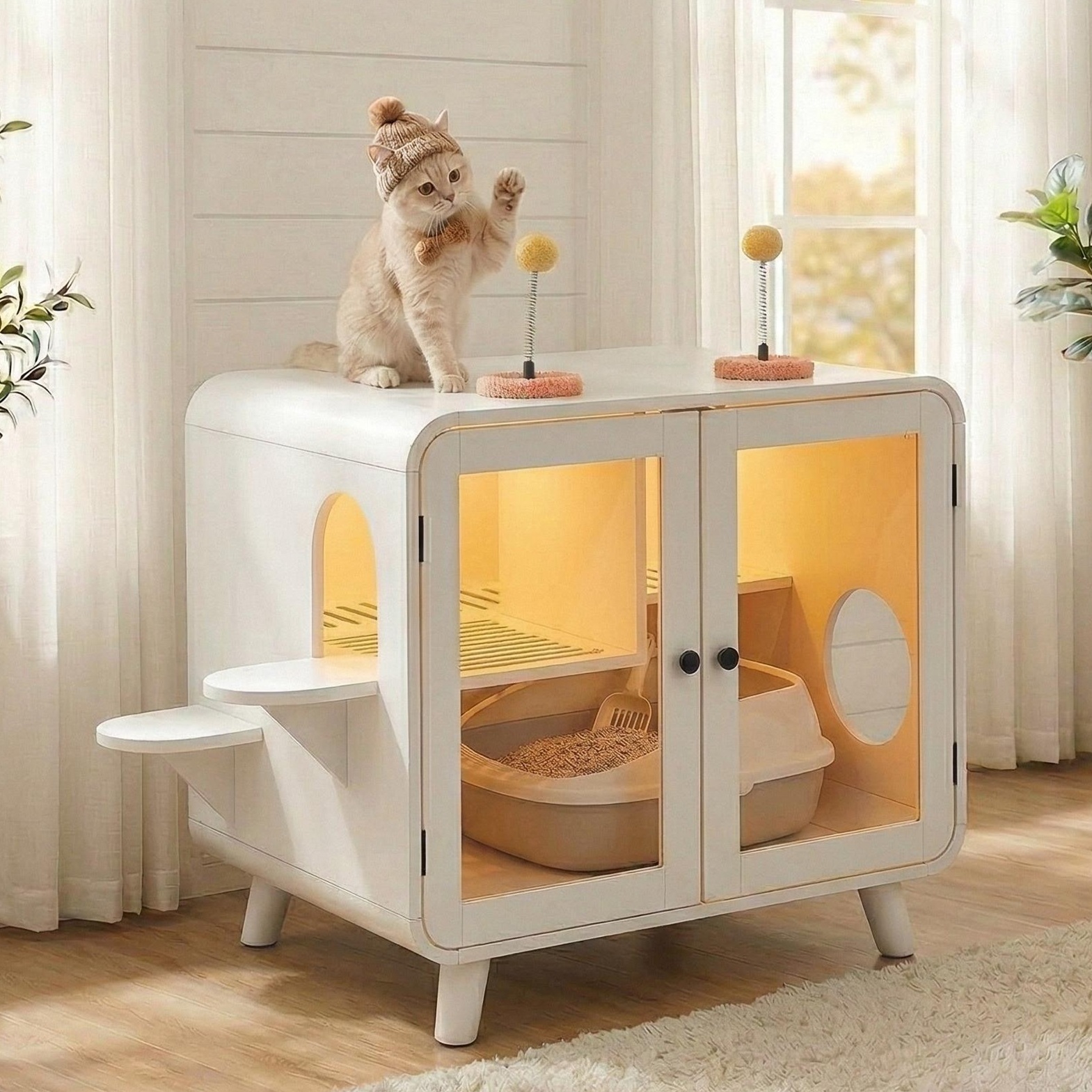 White Cat TV Cabinet with Litter Box - Large Cats