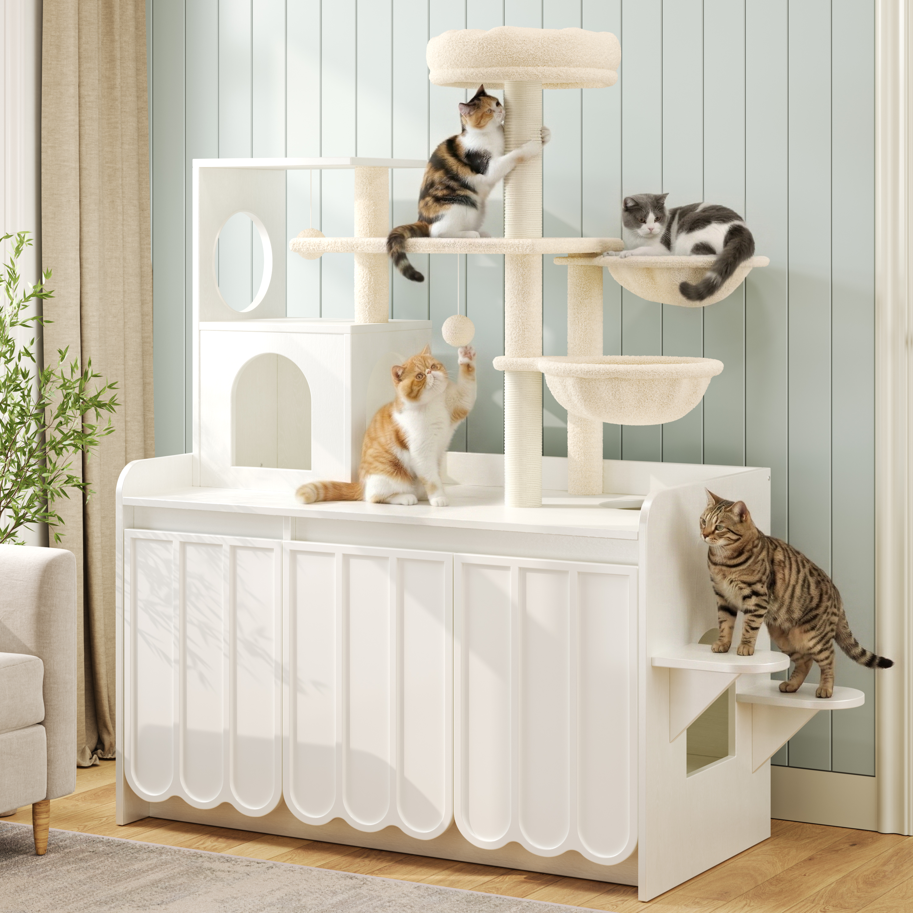 5-Level Cat Tree with Litter Box - White