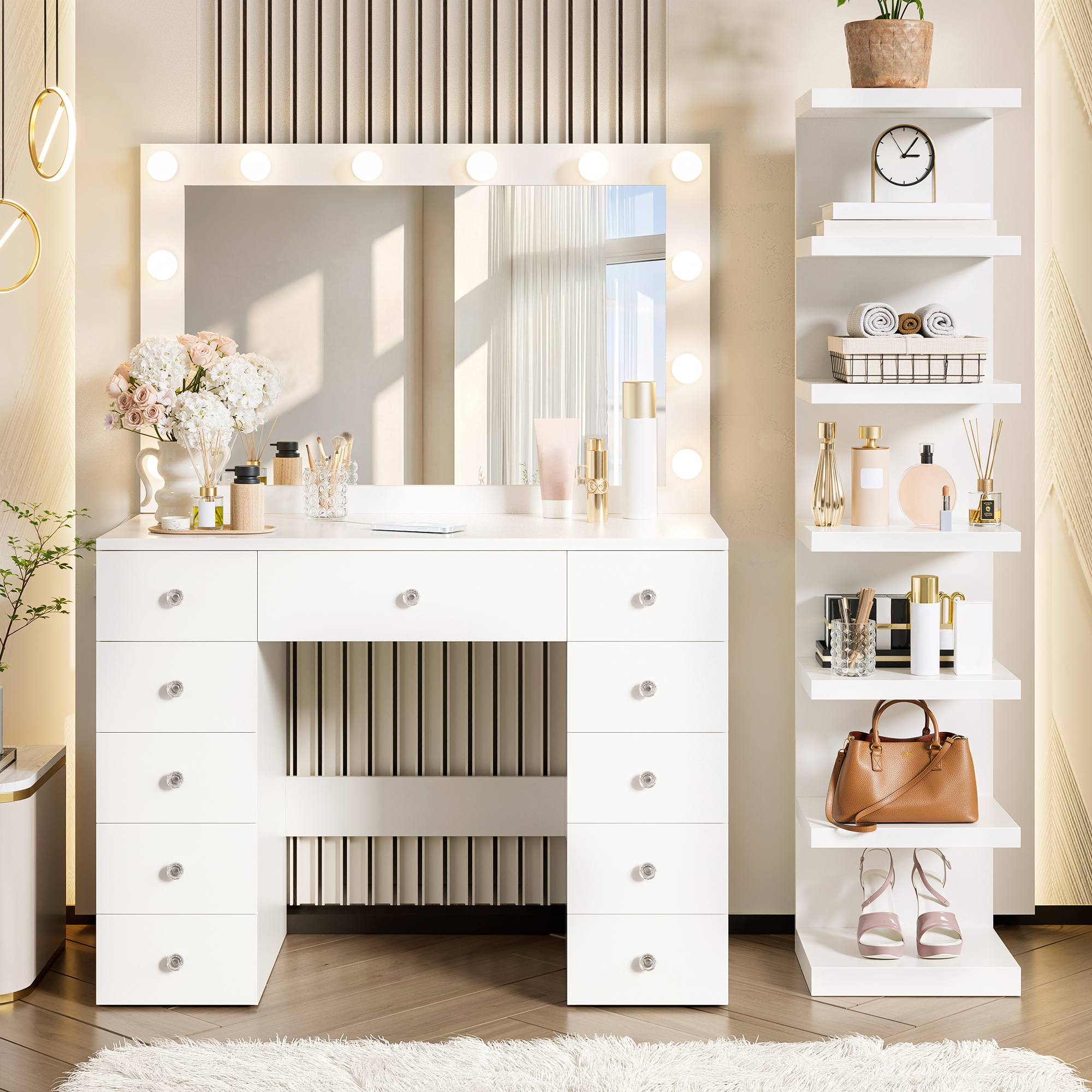 White Makeup Vanity with 11 Drawers & Hollywood Mirror