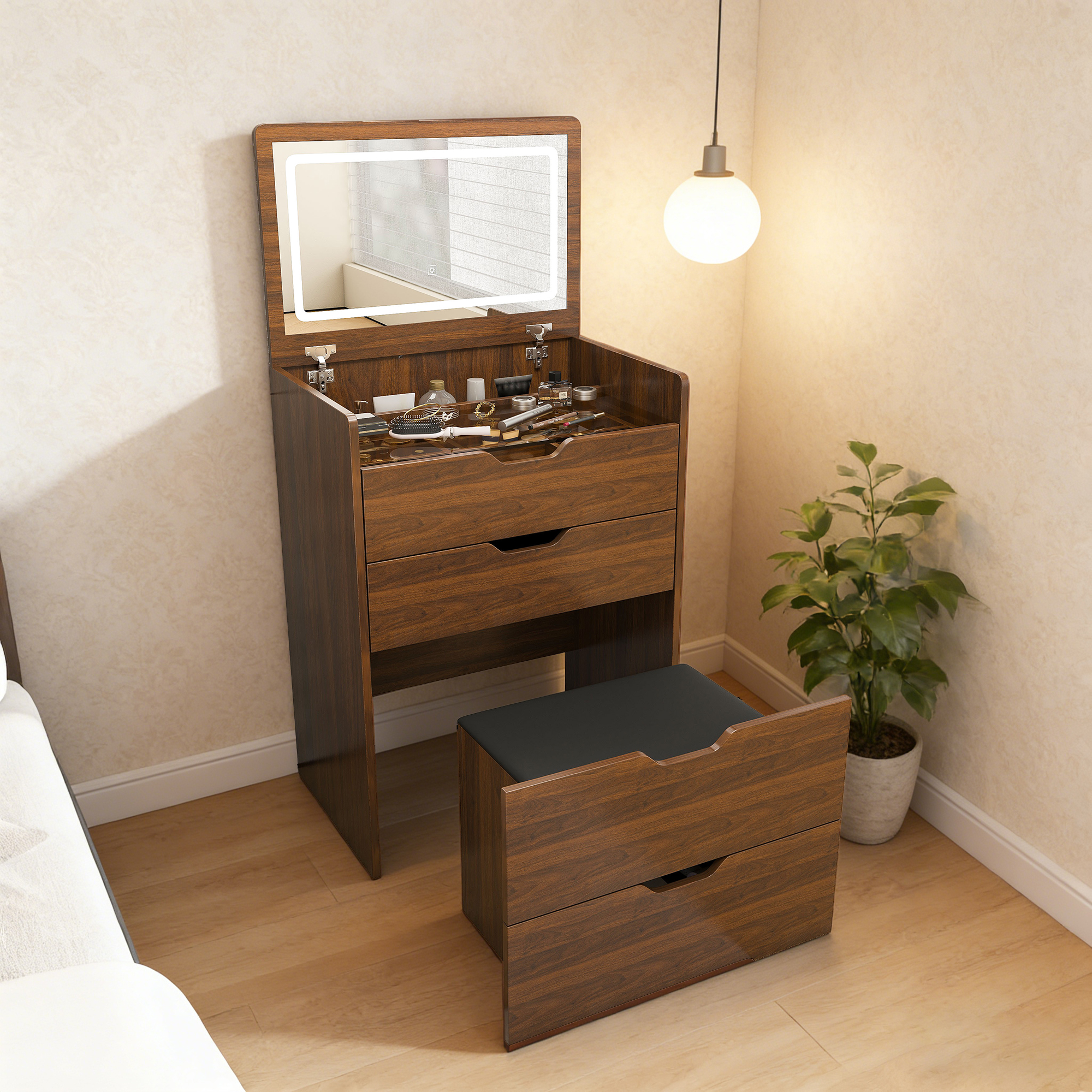 Walnut Makeup Vanity Table with Lights & Stool