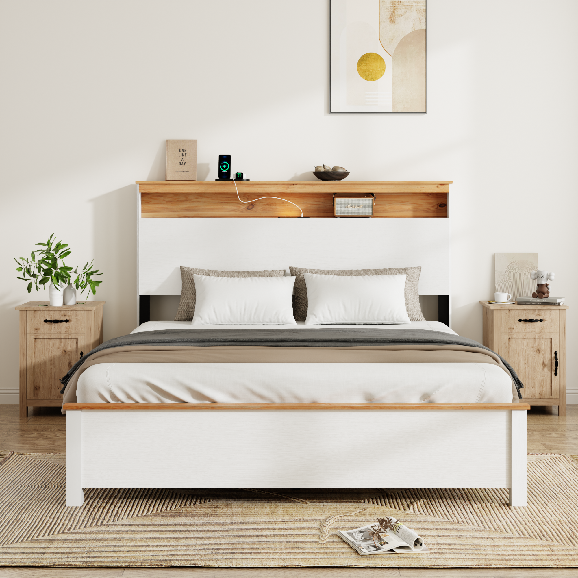 Queen Bed Frame with Charging Station & Storage Headboard