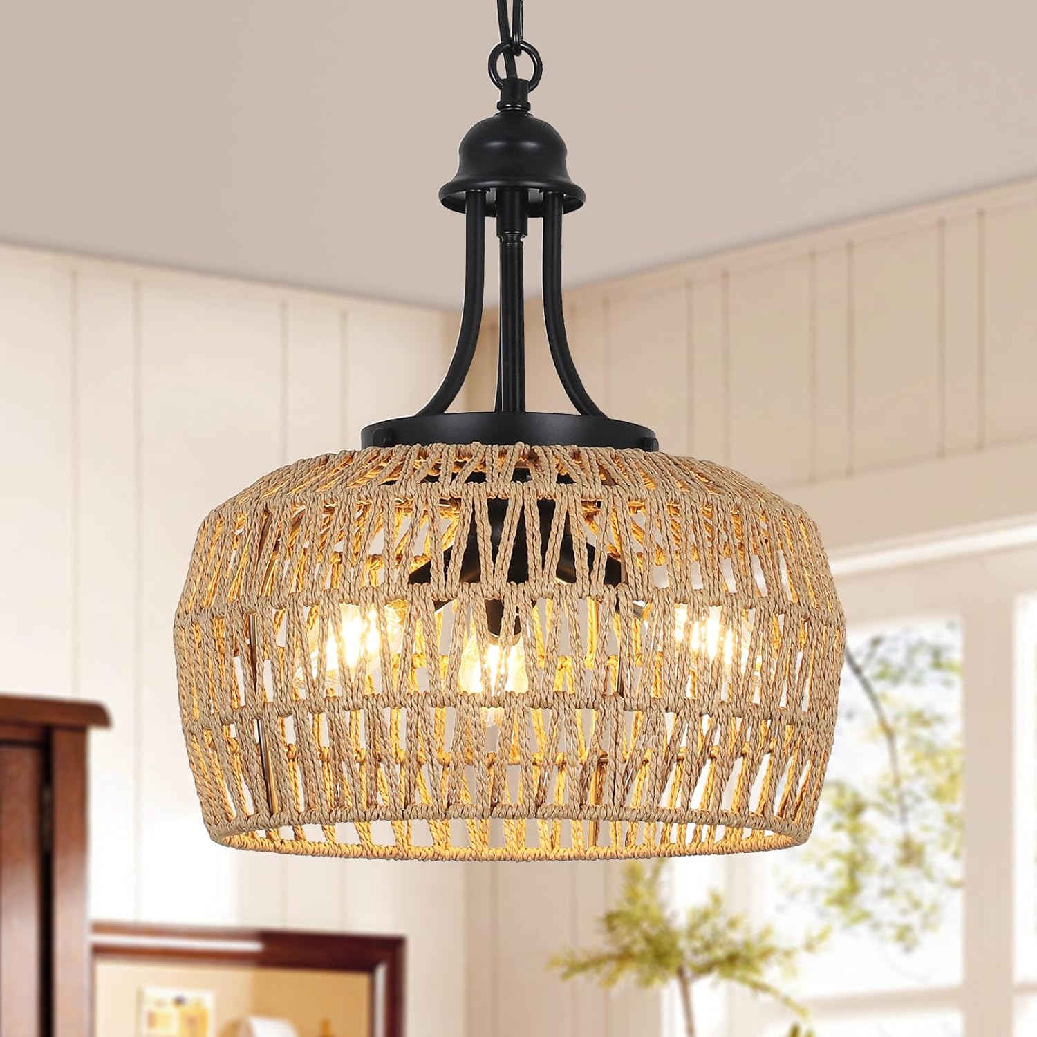 3-Light Rattan Chandelier - Boho Farmhouse Lighting