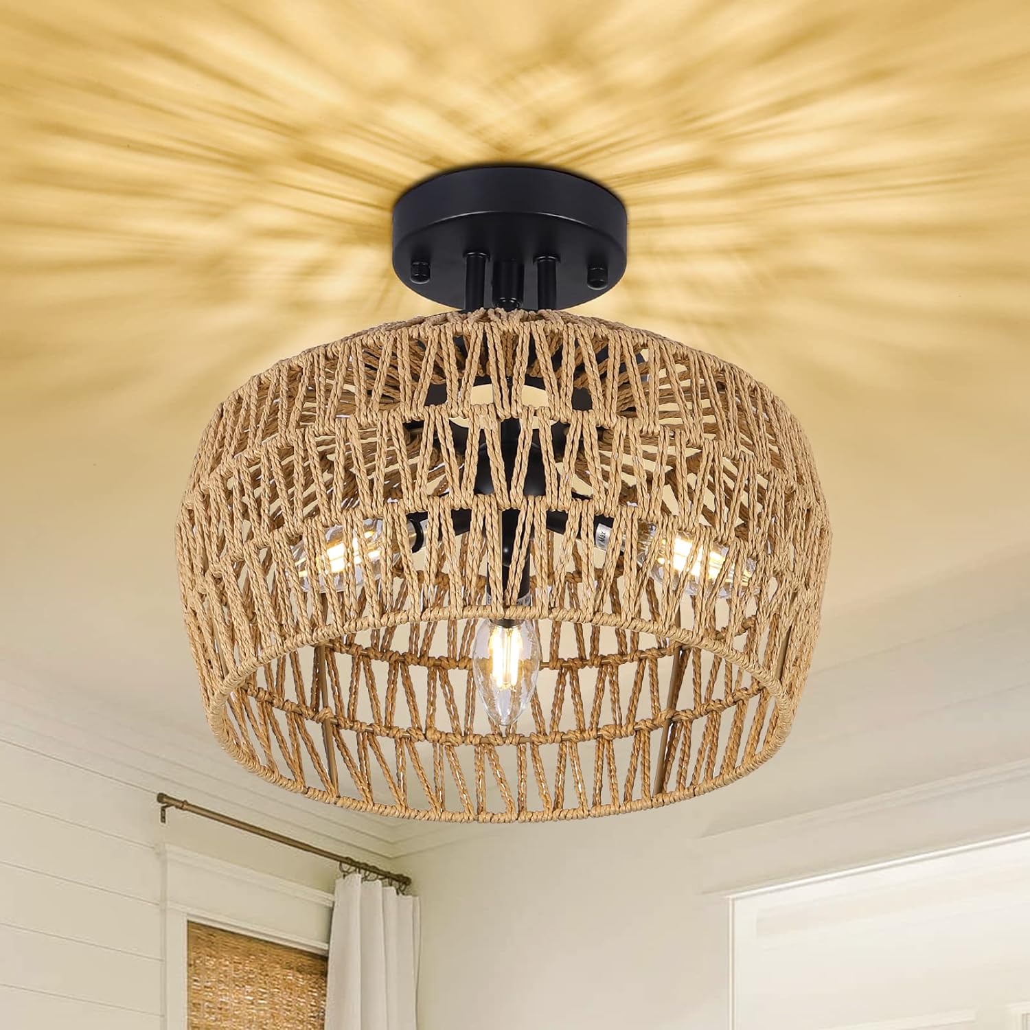 Rattan Ceiling Light Fixture - 3-Light Boho Chandelier