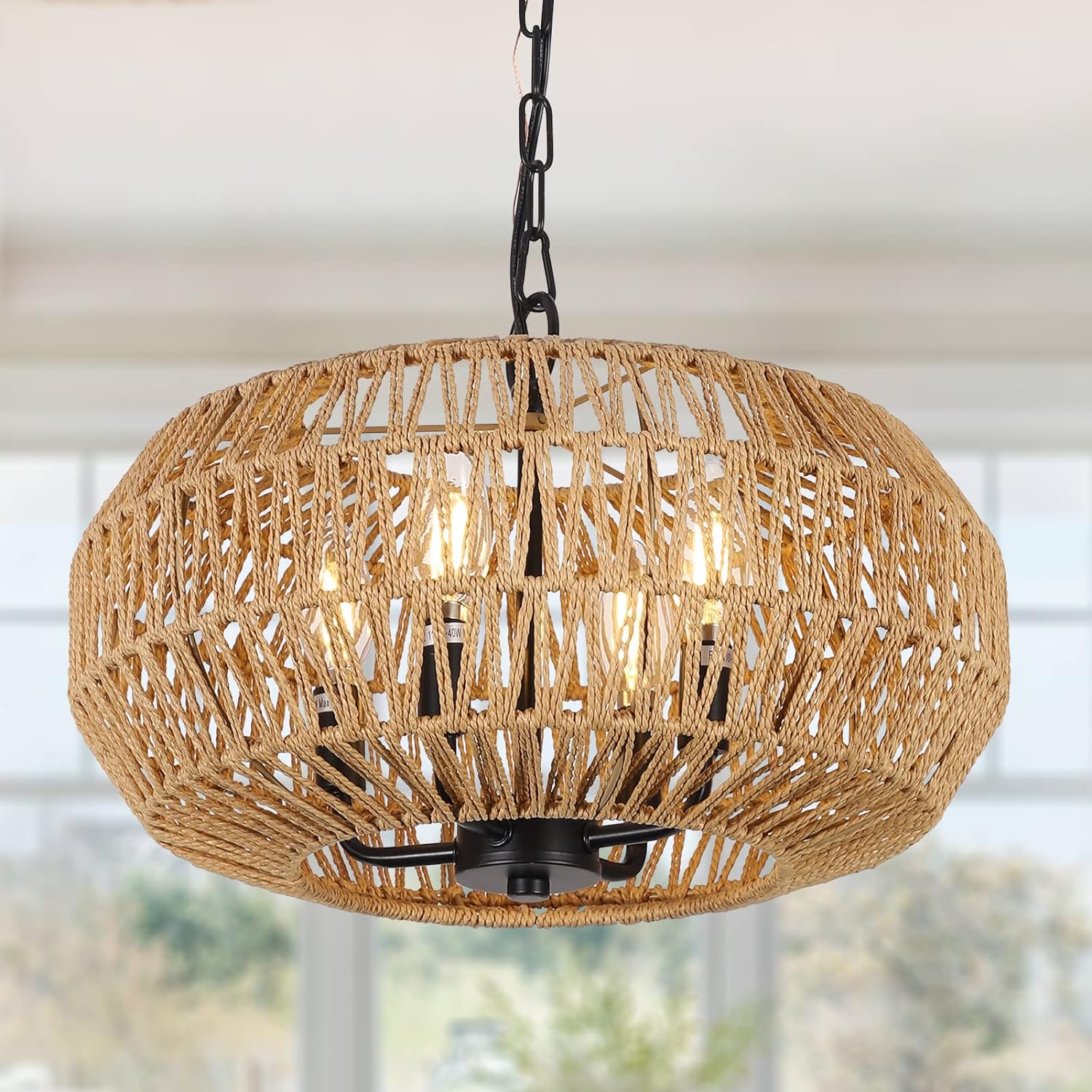Brown Rattan Pendant Light - 4-Light Boho Chandelier