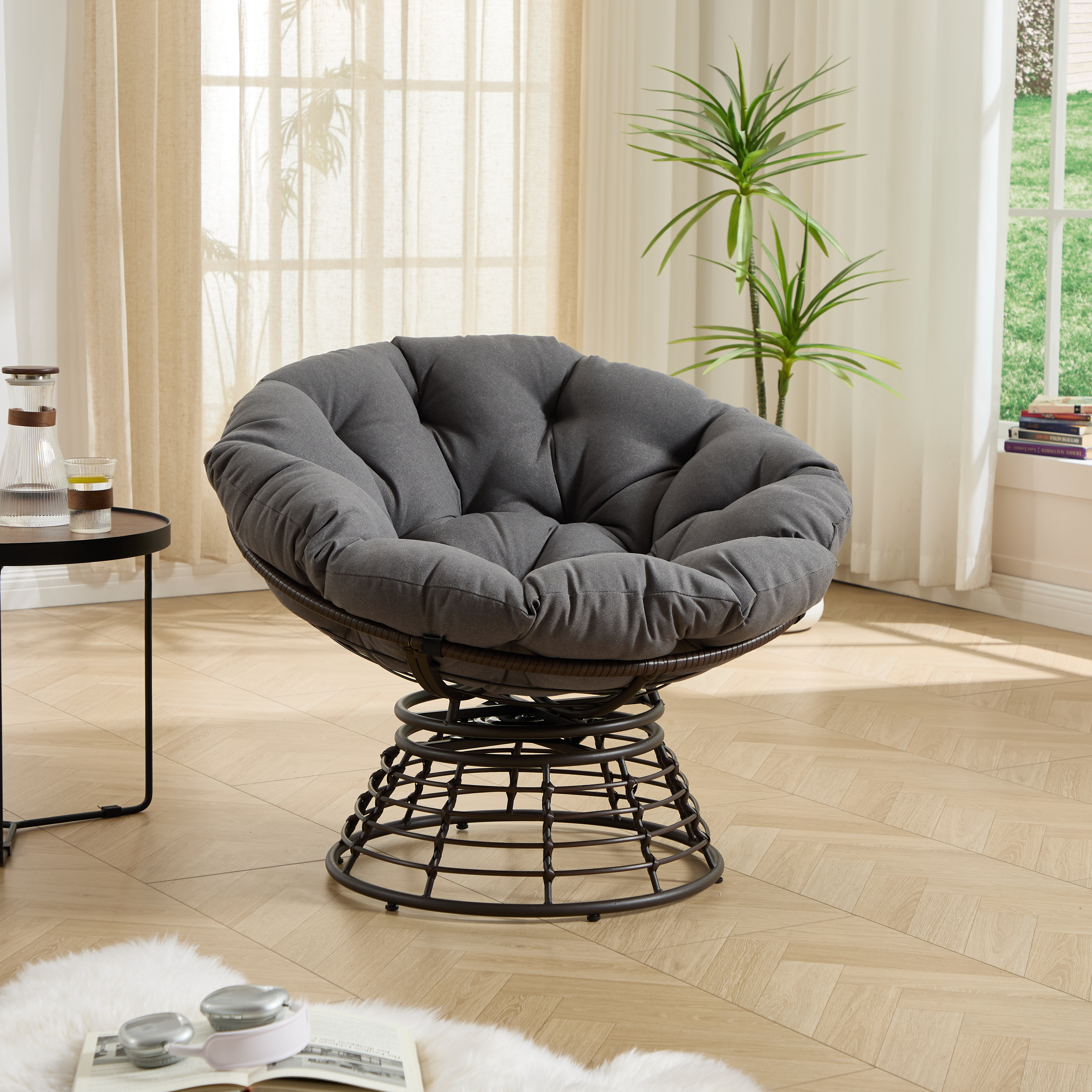 Grey Wicker Papasan Chair - 360° Swivel Outdoor Indoor Seat
