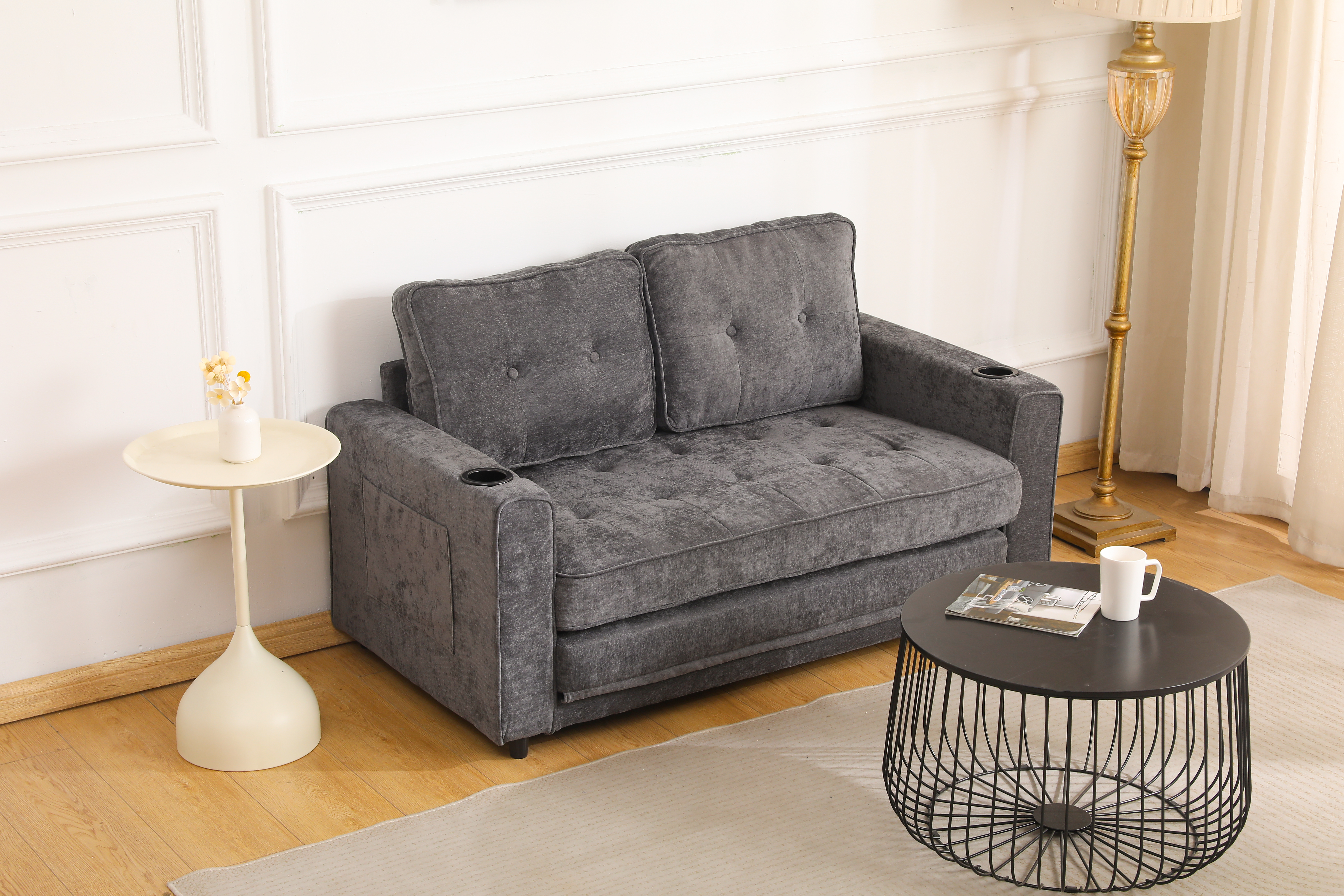Dark Grey 2 Seat Velvet Sofa Bed - 55" Futon
